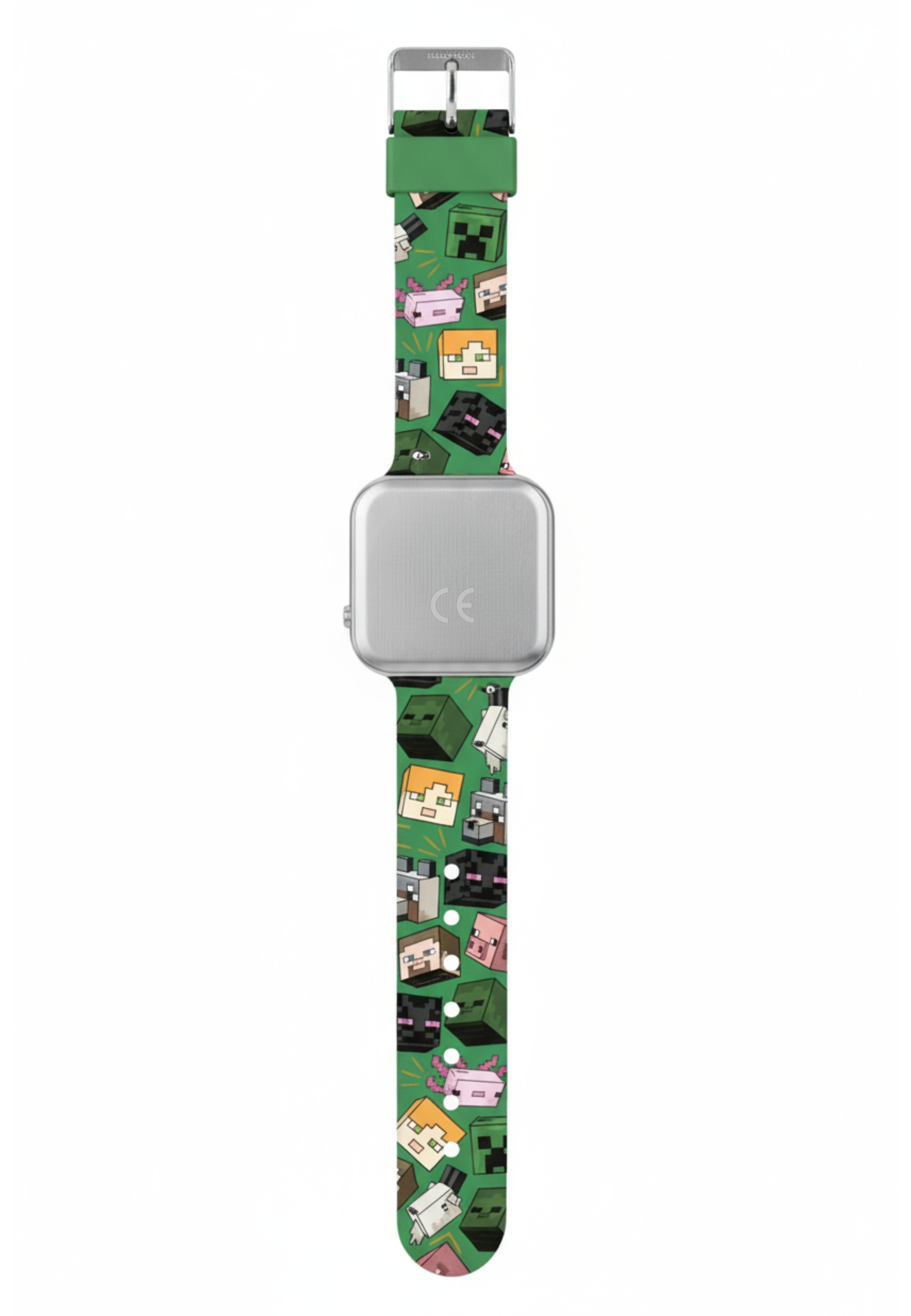 Cinturino verde con personaggi di Minecraft. Quadrante argentato con marchio CE. Fibbia verde.