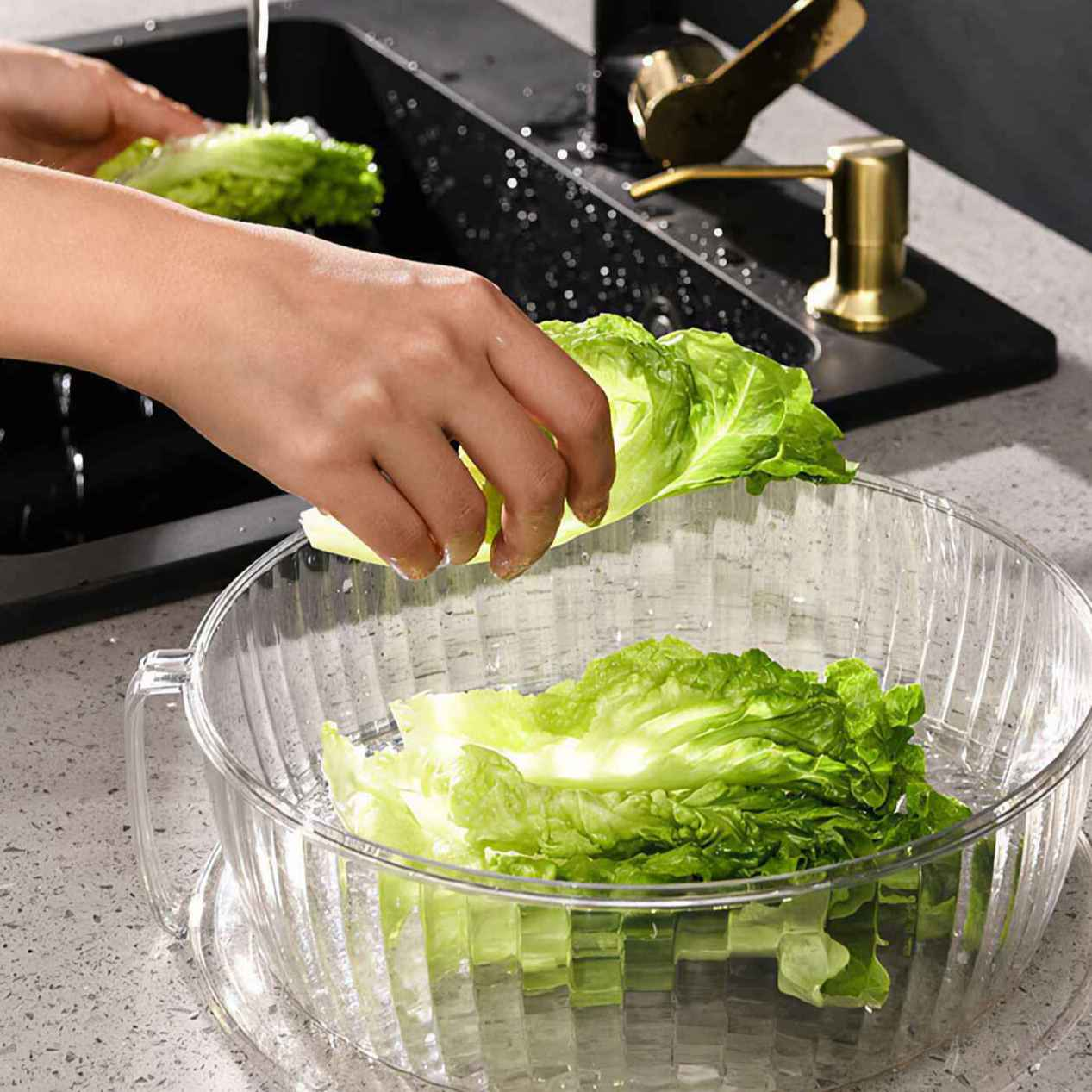 Hände waschen Salatblätter in einer durchsichtigen Schüssel. Im Hintergrund ist ein Wasserhahn zu sehen. Der Salat ist grün und frisch.