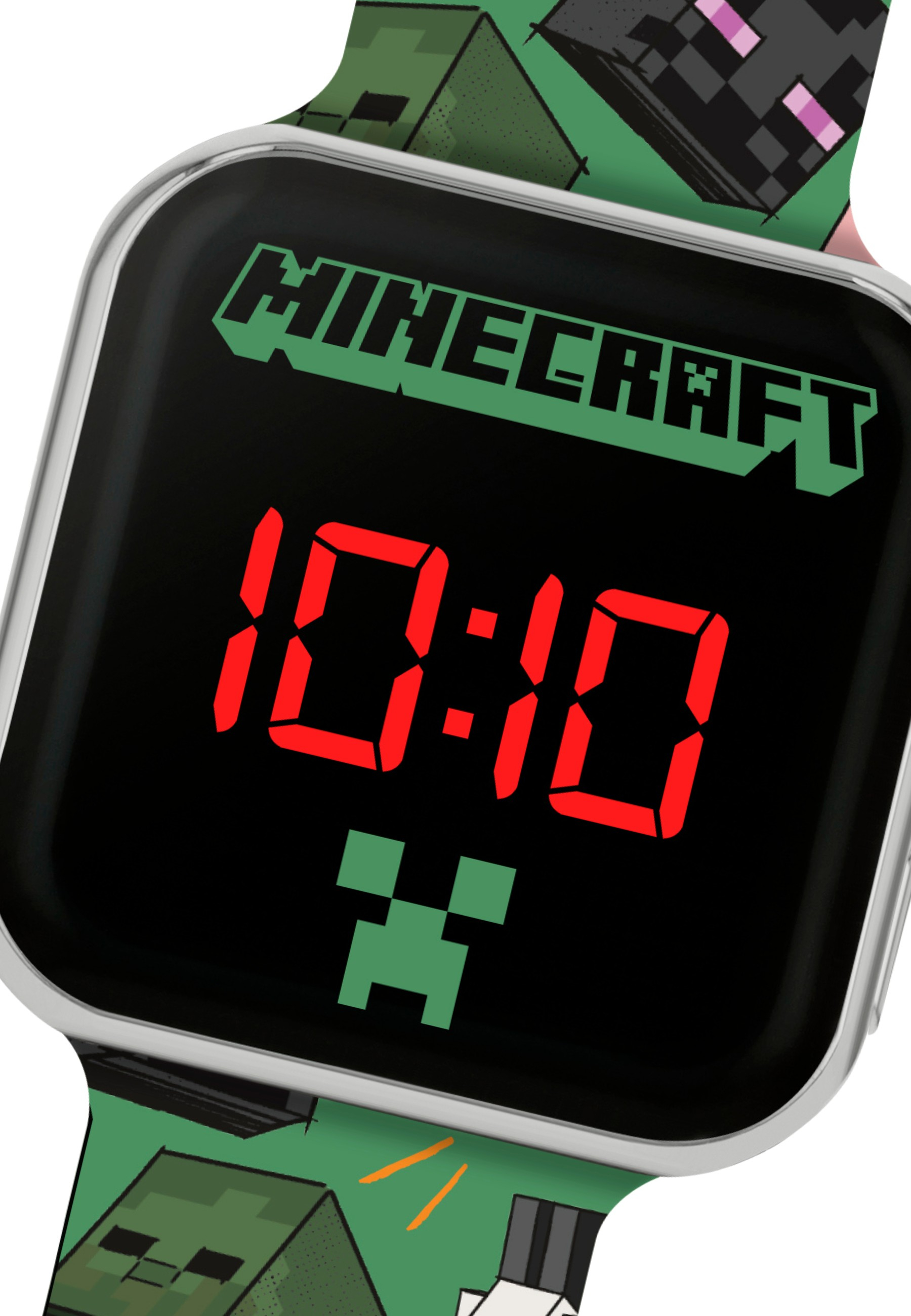 Orologio digitale di Minecraft. Lo schermo mostra le 10:10. Il cinturino presenta personaggi di Minecraft in verde e nero.