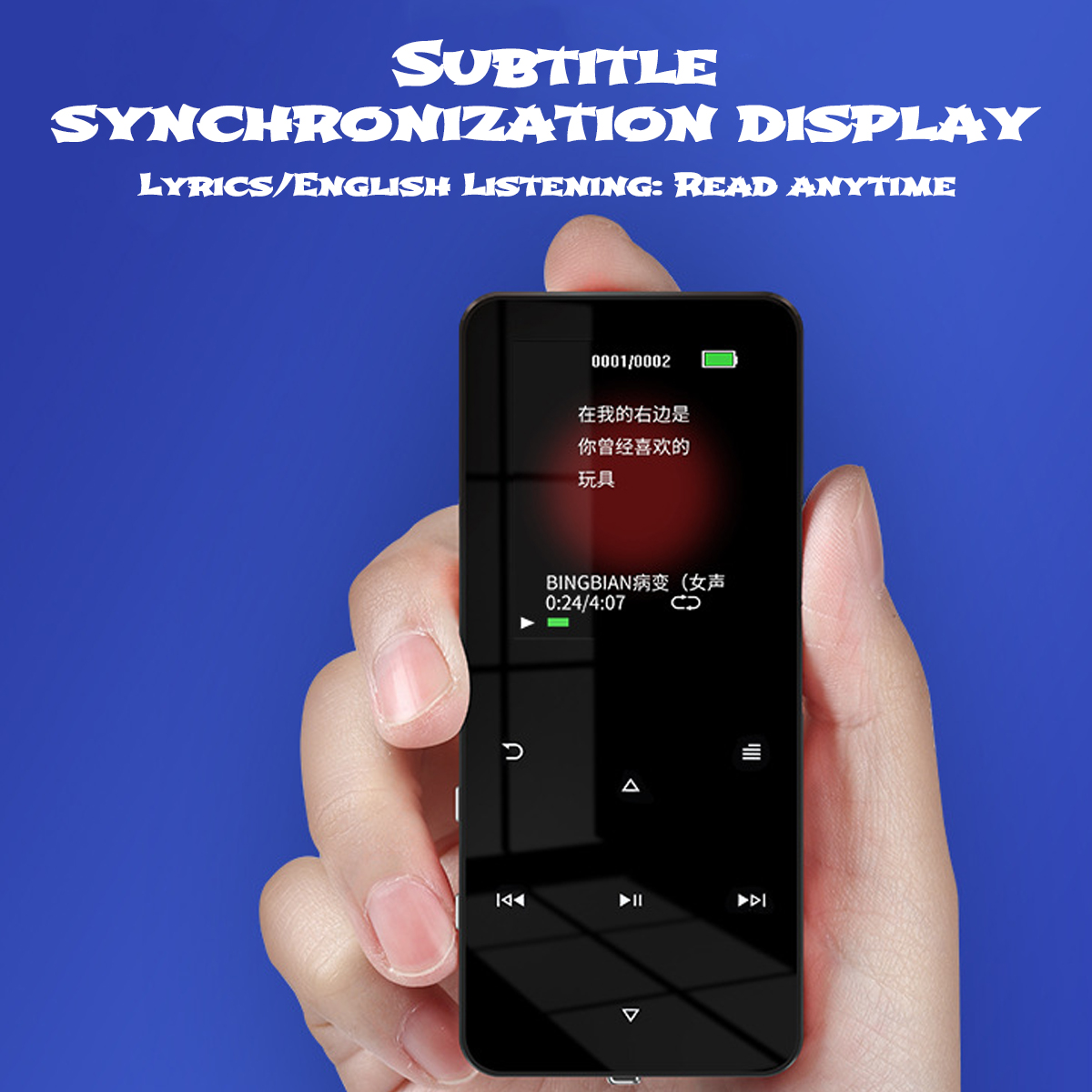 Eine Hand hält einen schwarzen Musikplayer, der Songinformationen und Bedienelemente anzeigt. Der Text oben lautet 'Synchronization Display'.