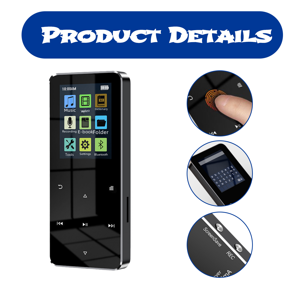 Ein schwarzer MP3-Player mit Bildschirm und Tasten. Details umfassen Fingerabdruckleser, kleine Tastatur und REC-Taste.