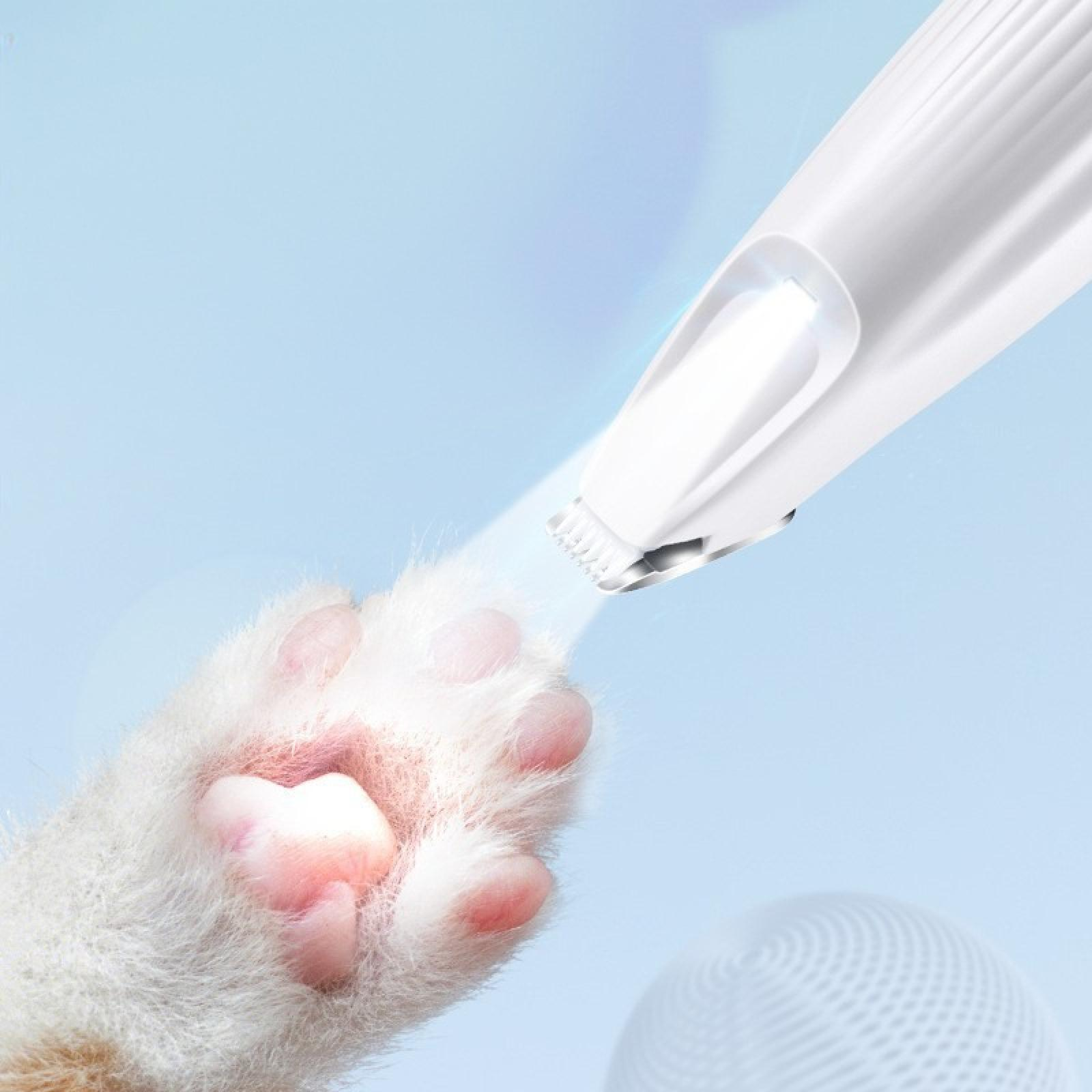 Eine weiße Katzenpfote wird mit einem weißen Haarschneider für Haustiere auf blauem Hintergrund getrimmt. Die Pfote ist rosa und weiß.