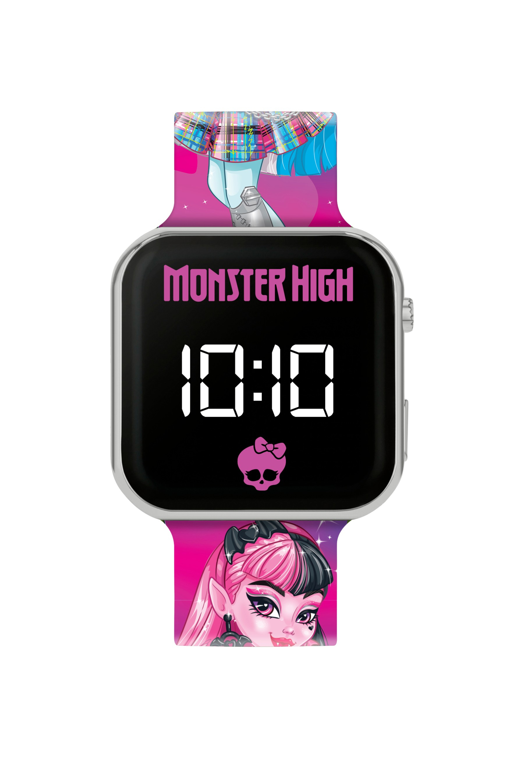 Monster High Uhr mit schwarzem Bildschirm, der 10:10 anzeigt. Das Armband hat Charakterbilder und pinkfarbenen Hintergrund.