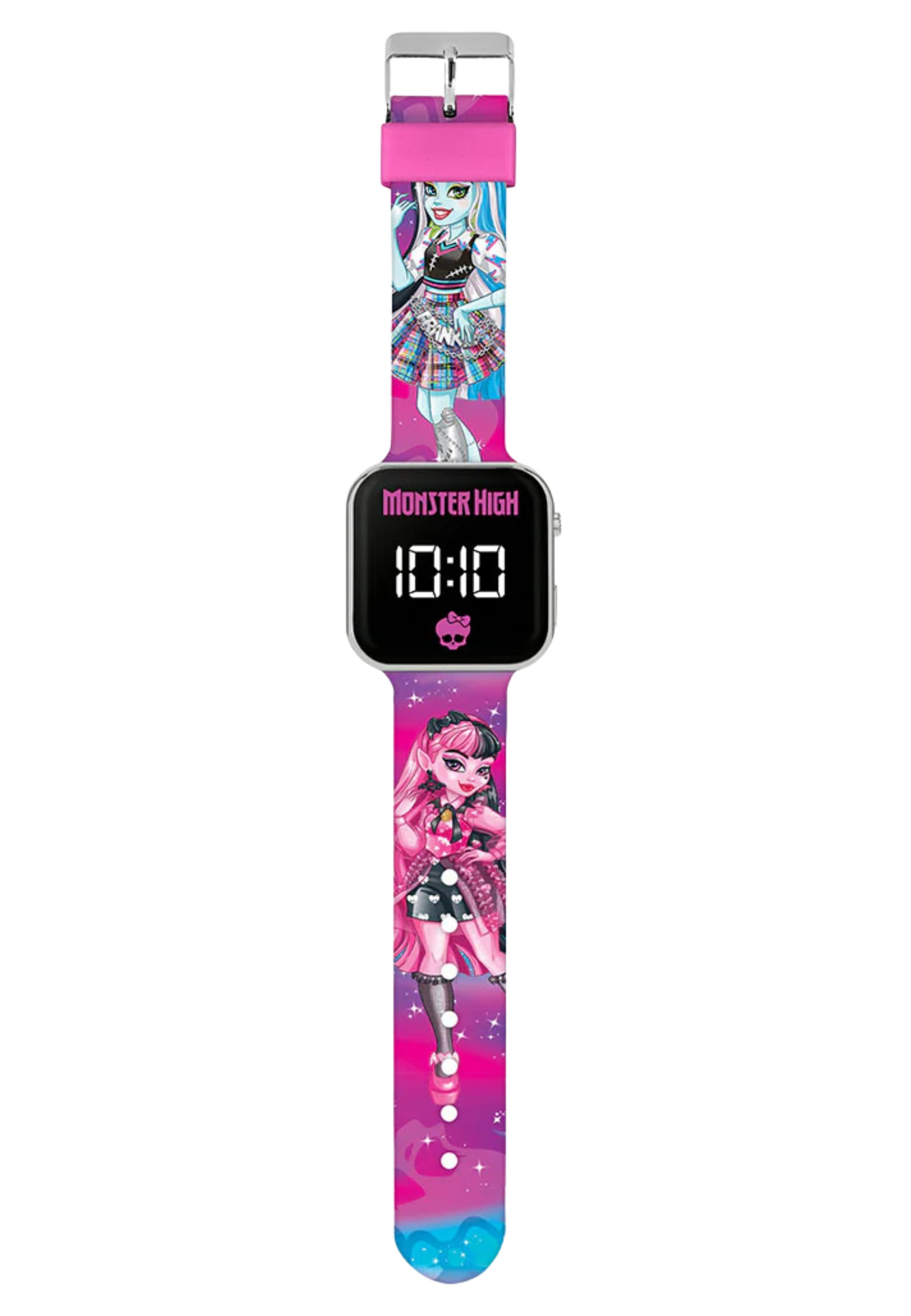 Monster High Uhr mit rosa und lila Armband. Zeigt 10:10. Verfügt über Charaktere auf dem Armband.