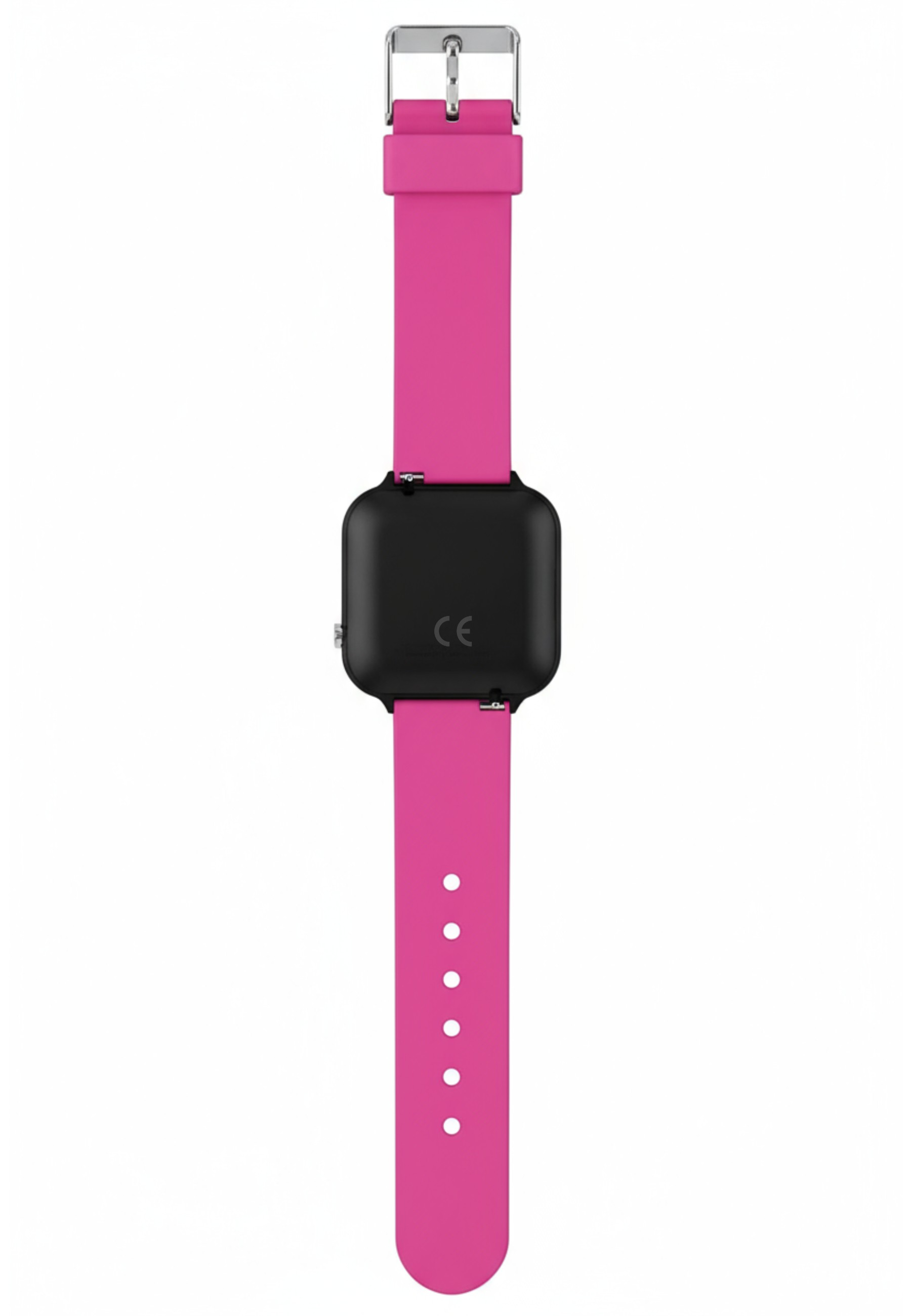Eine rosa Smartwatch mit schwarzem Zifferblatt und rosa Armbändern. Die Uhr ist vor weißem Hintergrund.