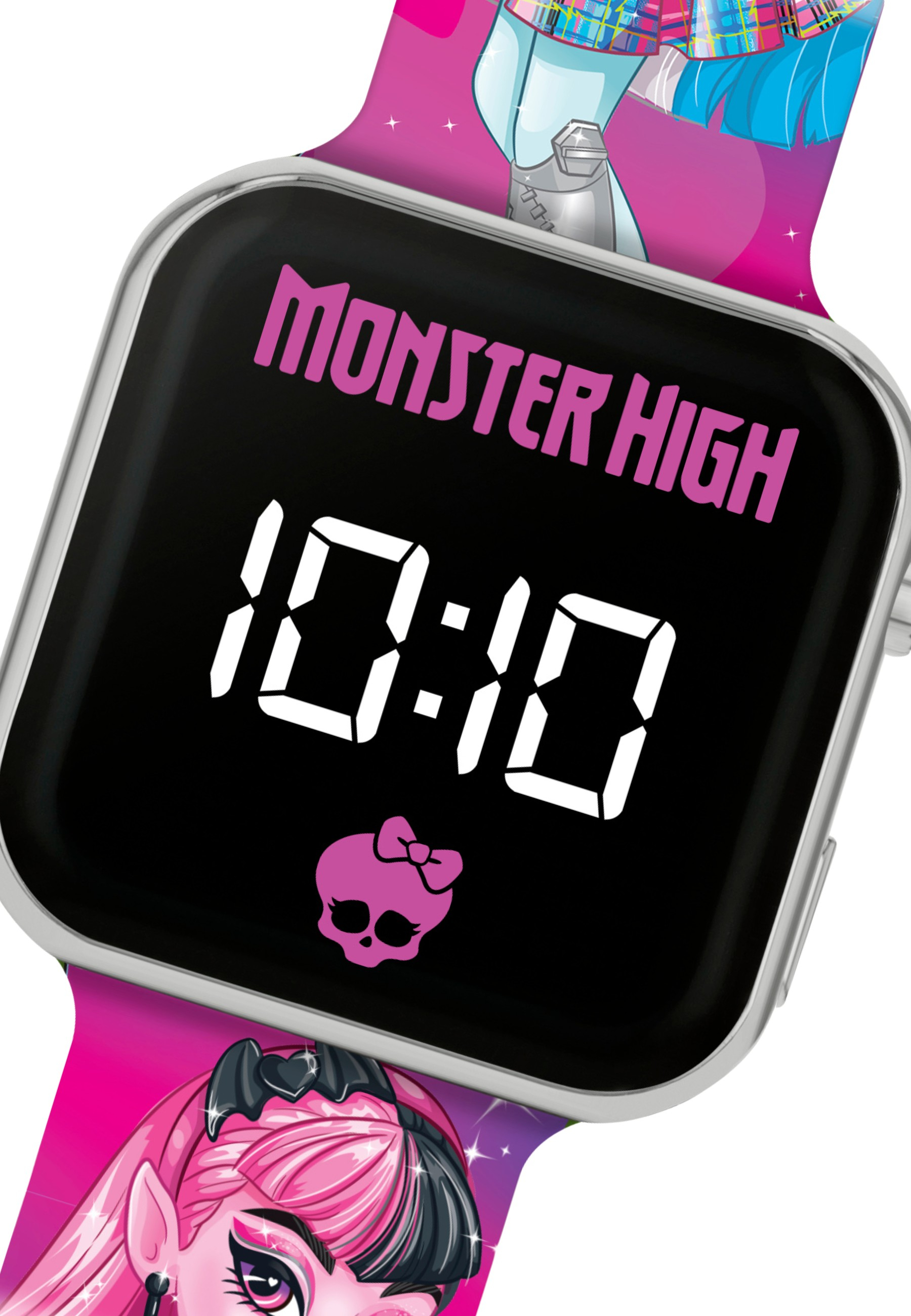 Eine Monster High-Uhr zeigt 10:10 Uhr an. Die Uhr befindet sich an einem rosa Armband mit Monster High-Figuren.