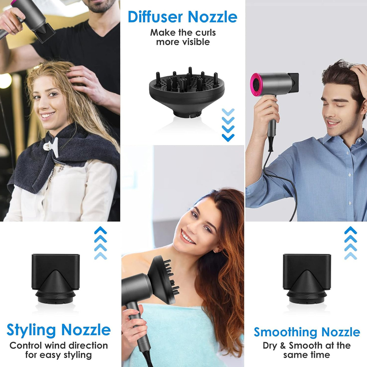 Das Bild zeigt Haarstyling-Werkzeuge: Diffusor-, Styling- und Glättungsdüsen. Menschen benutzen sie. Text erwähnt 'Locken', 'Styling' und 'glatt'.