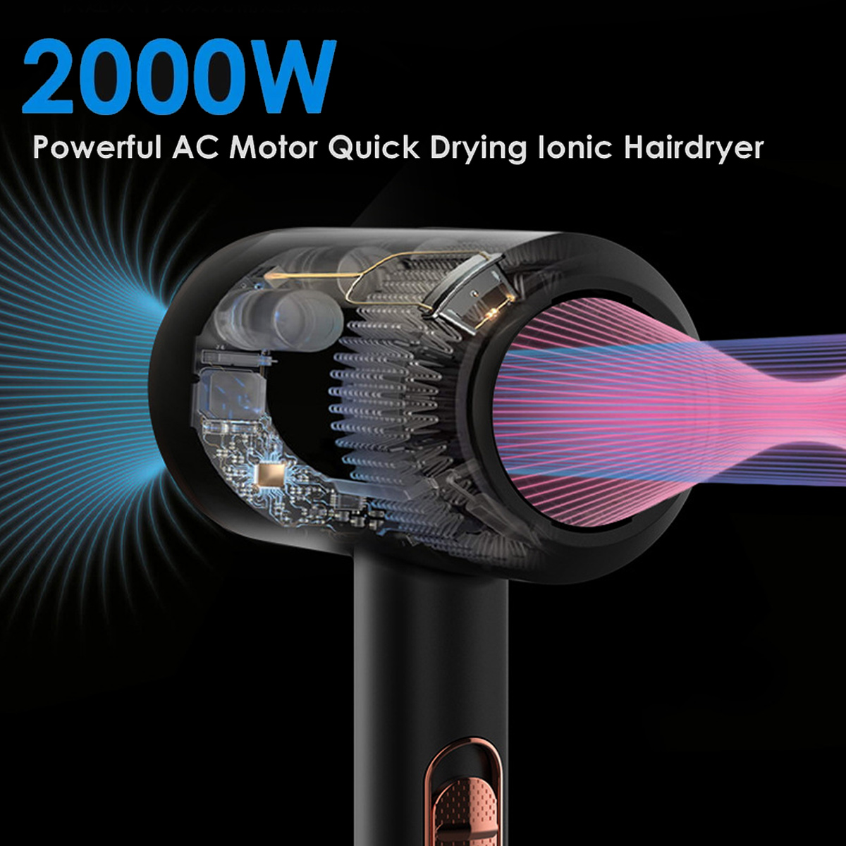Nahaufnahme eines Haartrockners mit Innenteilen. Blauer und rosa Luftstrom kommt heraus. Text: 2000W Leistungsstarker AC-Motor, schnelles Trocknen, Ionen-Haartrockner.