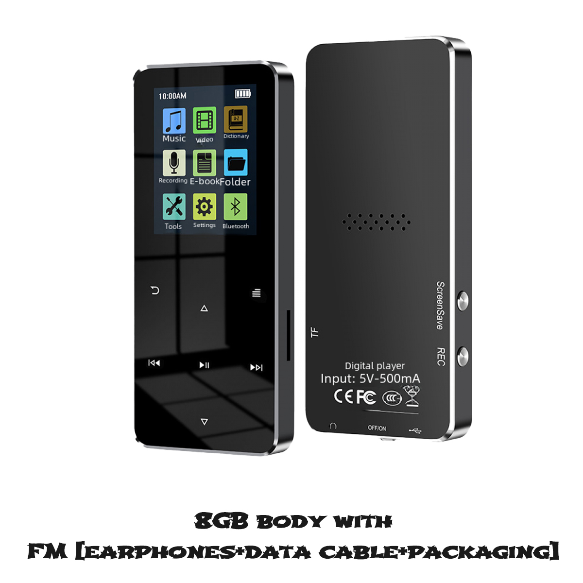 Schwarzer MP3-Player mit Bildschirm, zeigt Musik- und Video-Icons. Die Rückseite hat Knöpfe und Text. Inklusive Zubehör.