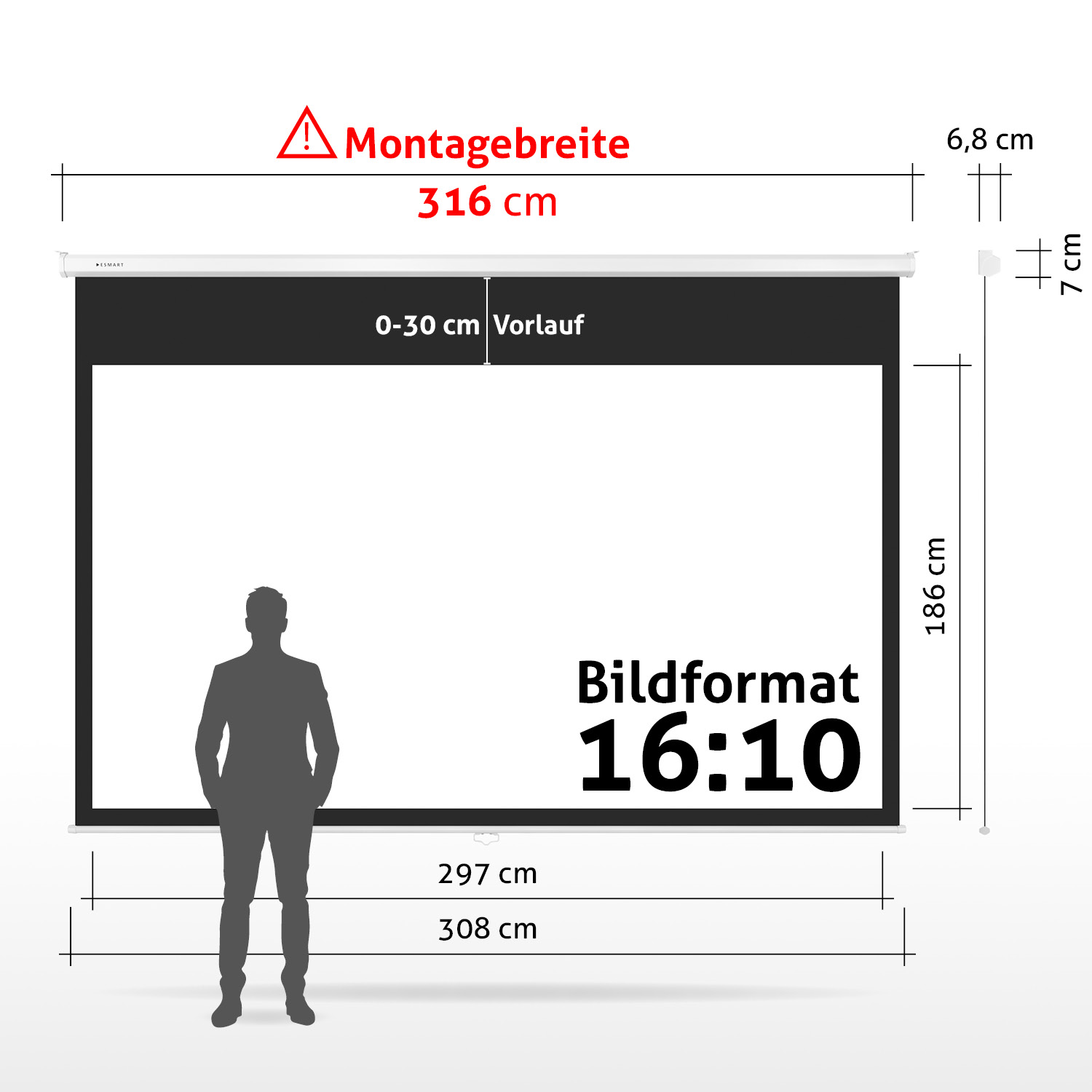 Eine Projektionsleinwand mit Maßen und einer Personensilhouette davor. Text enthält Maße und Seitenverhältnis 16:10.