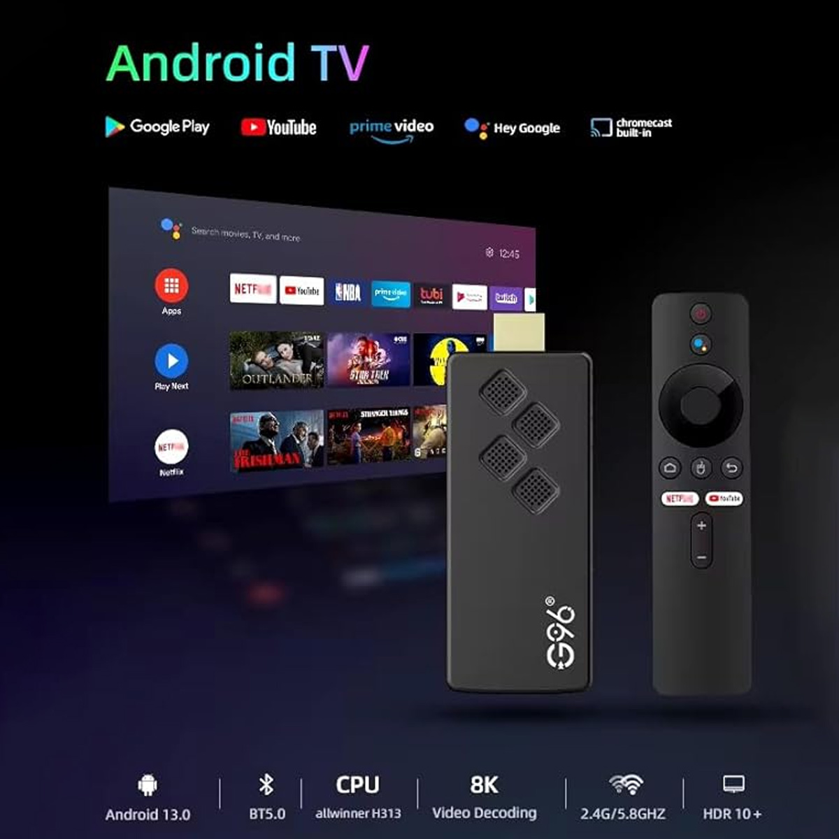 Eine schwarze Android TV-Box mit Fernbedienung und einem TV-Bildschirm, der Apps anzeigt. Der Fernseher zeigt Streaming-Dienste an und hat Chromecast integriert.