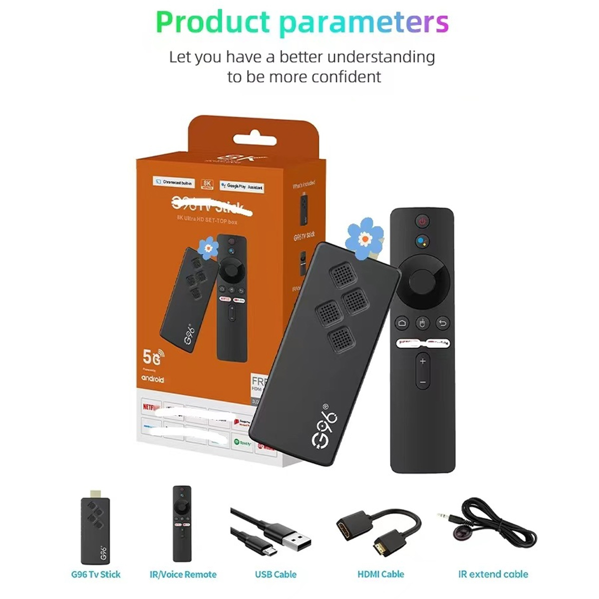 Das Bild zeigt einen G96 TV-Stick, Fernbedienungen, Kabel und eine Box. Text enthält 'Produktparameter' und '8K Ultra HD SET-TOP-Box'.