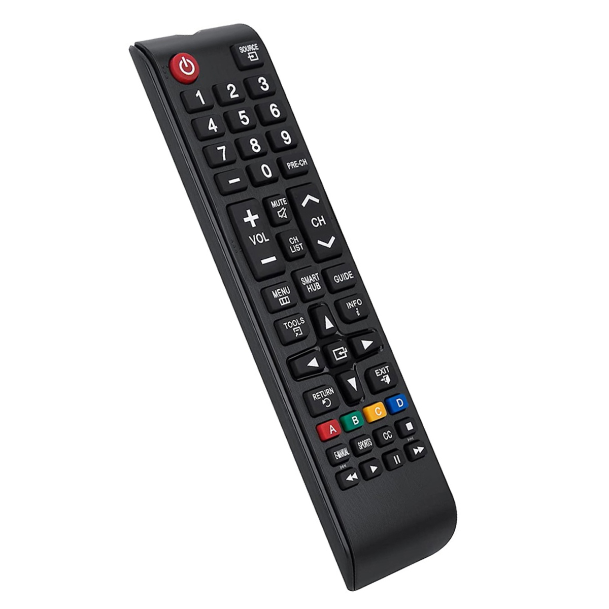 Schwarze Samsung TV-Fernbedienung mit Tasten für Zahlen, Lautstärke, Kanäle und Strom. Weißer Hintergrund. Oben: rote Power-Taste.