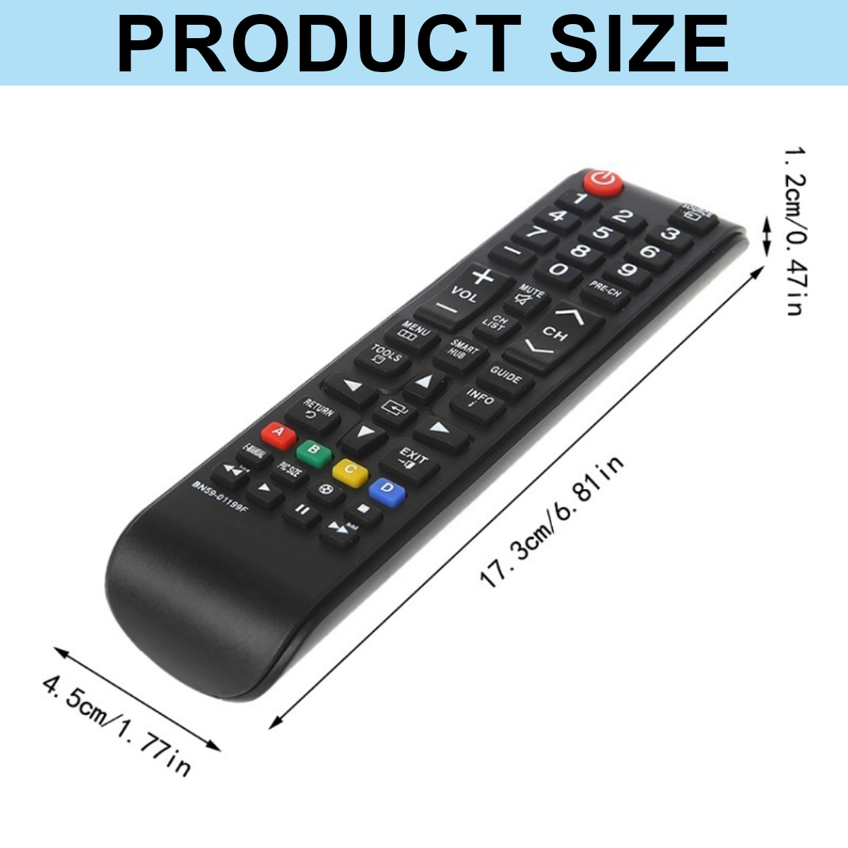 Eine schwarze TV-Fernbedienung mit mehreren Tasten und angegebenen Abmessungen. Produktgröße wird angezeigt.