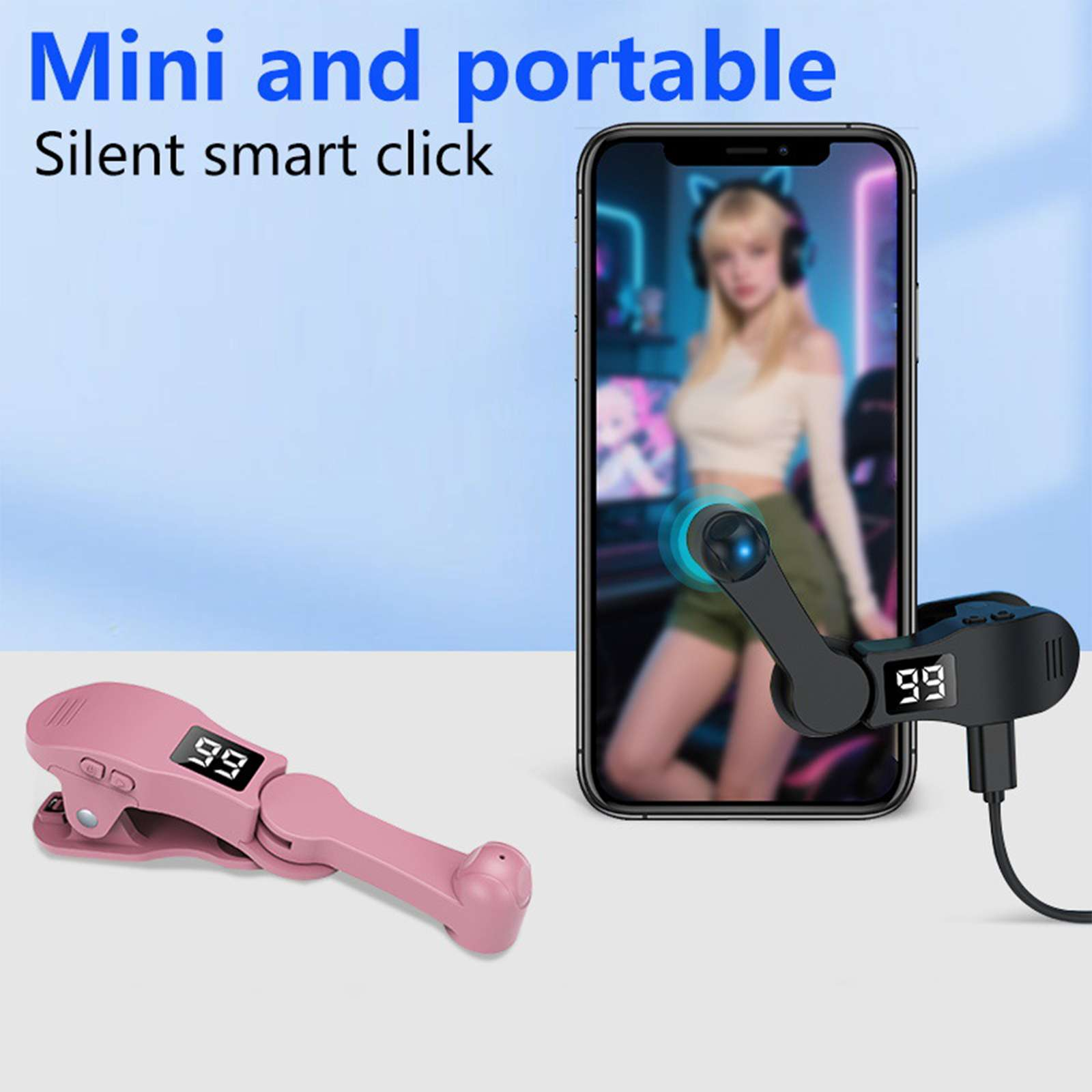 Das Bild zeigt ein rosa Gerät, ein schwarzes Gerät, das an einem Telefon befestigt ist, und ein verschwommenes Bild einer Frau auf dem Bildschirm.