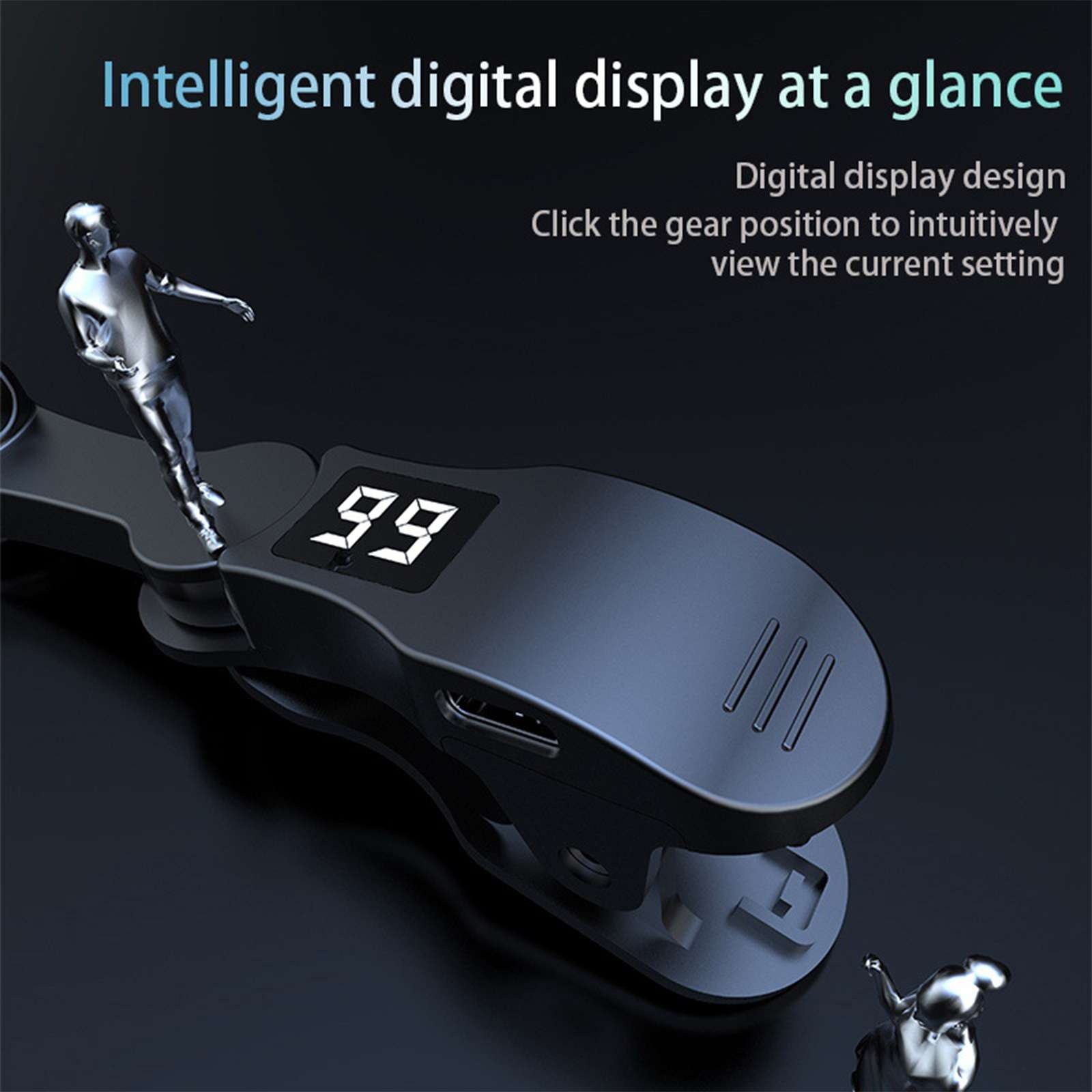 Schwarzes Gerät mit Digitalanzeige '99'. Kleine silberne Figuren daneben. Text: 'Intelligente digitale Anzeige'.