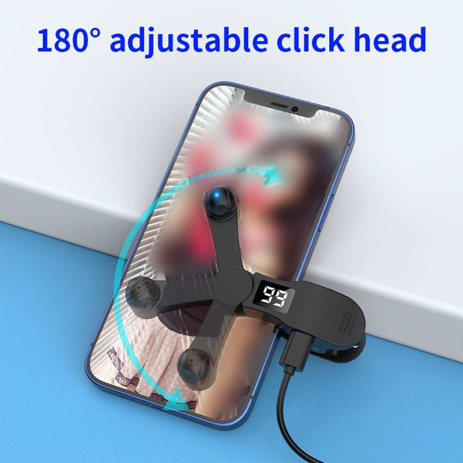 Ein Telefon mit einem schwarzen Zubehörteil. Das Zubehör hat eine Digitalanzeige mit '99'.