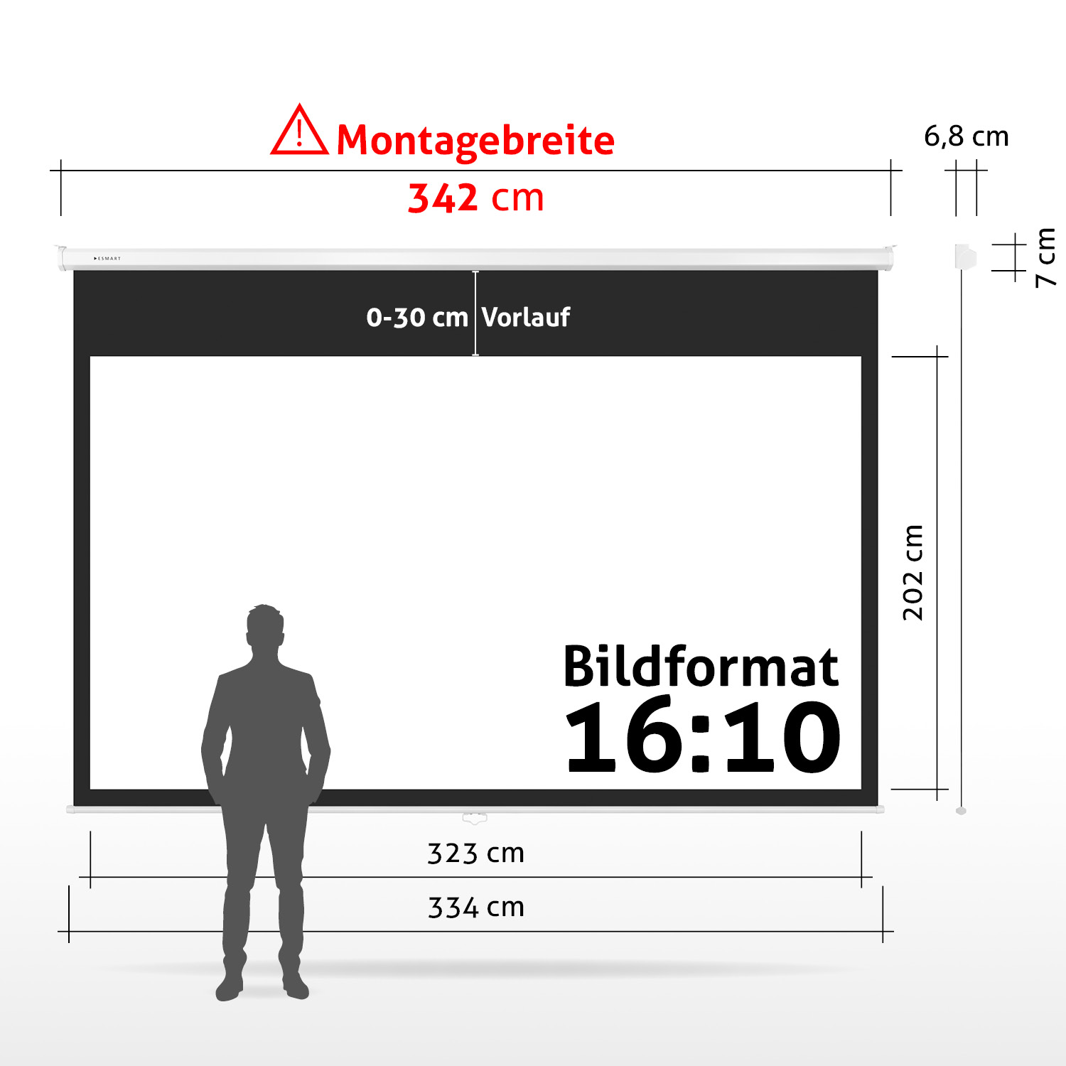 Eine Projektorleinwand mit Abmessungen und einer Personensilhouette wird gezeigt. Text enthält Größenangaben wie 342cm, 202cm und 16:10 Format.