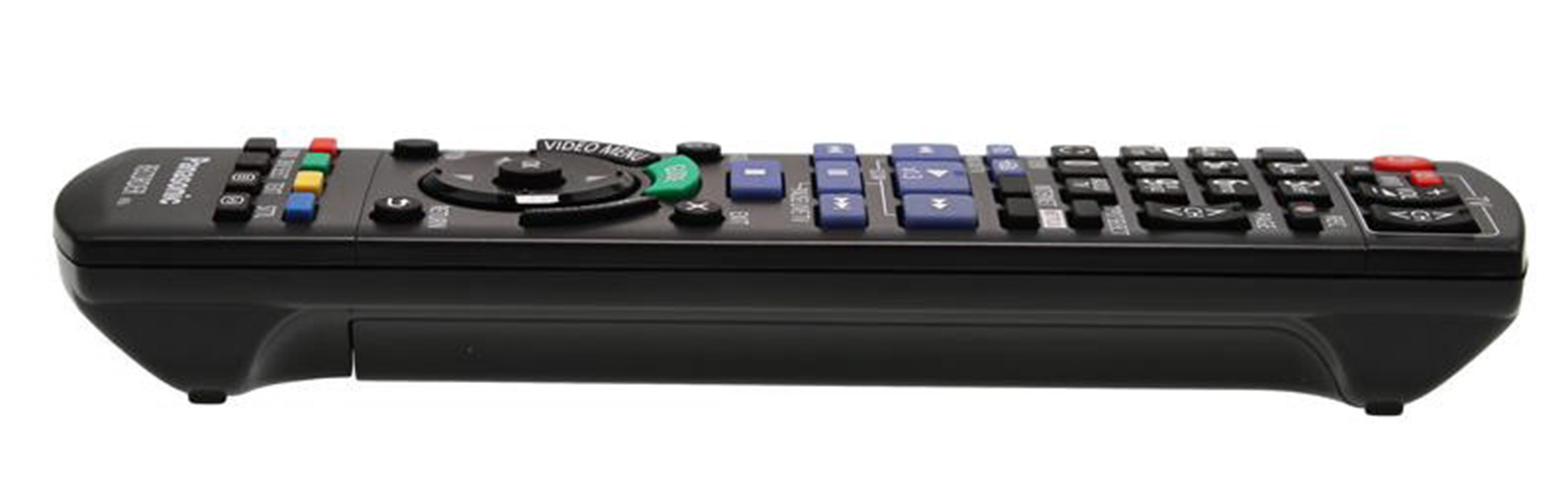 Schwarze Panasonic-Fernbedienung mit vielen farbigen Knöpfen und einer Schiebeabdeckung.
