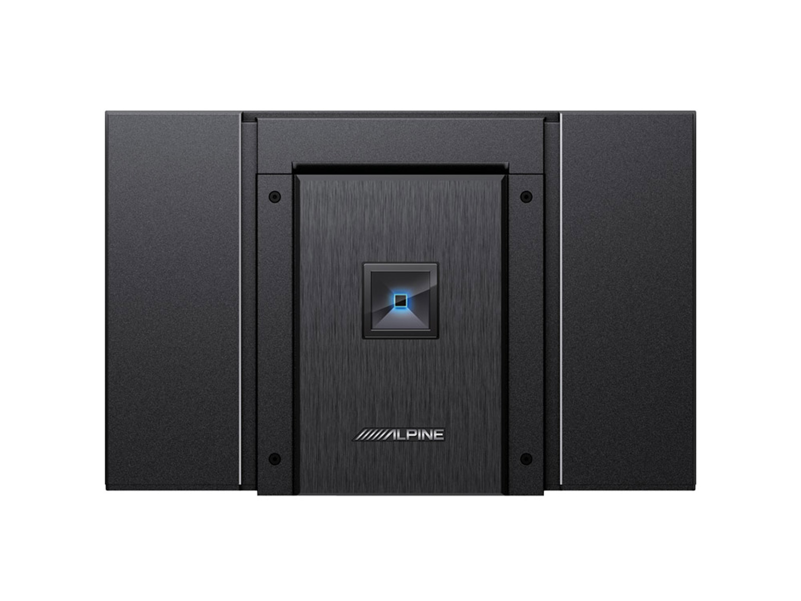 Schwarze Audiokomponente. Zentrales Panel mit quadratischem blauem Licht, umgeben von zwei schwarzen Paneelen. Alpine-Logo sichtbar.