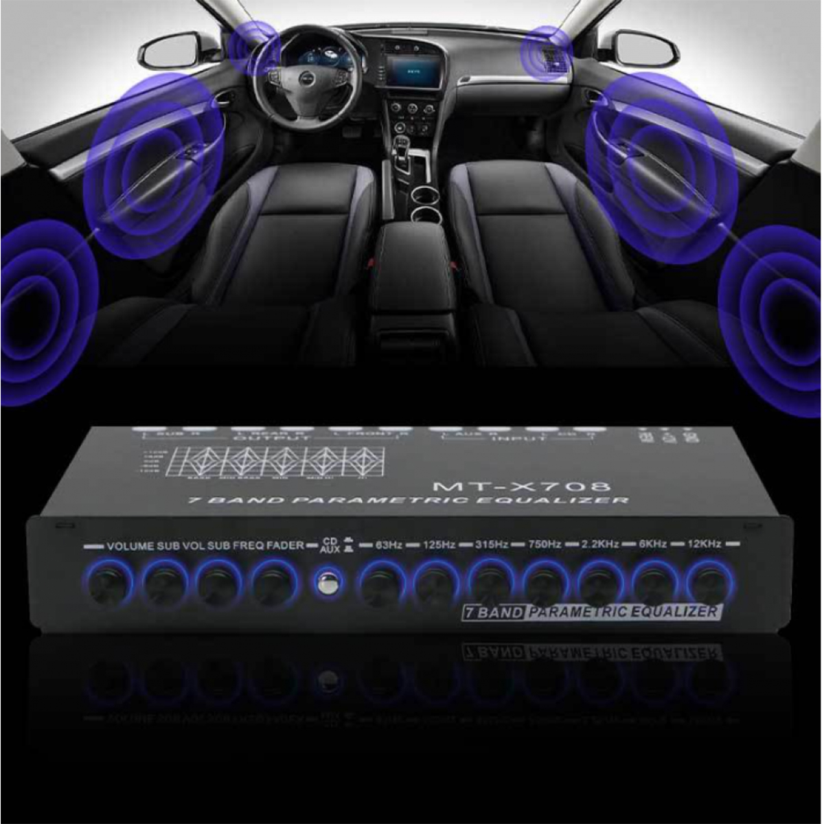 Autointerieur mit Equalizer darunter. Blaue Schallwellen gehen von Lautsprechern aus. Equalizer hat Knöpfe und liest '7 BAND PARAMETRIC EQUALIZER'.
