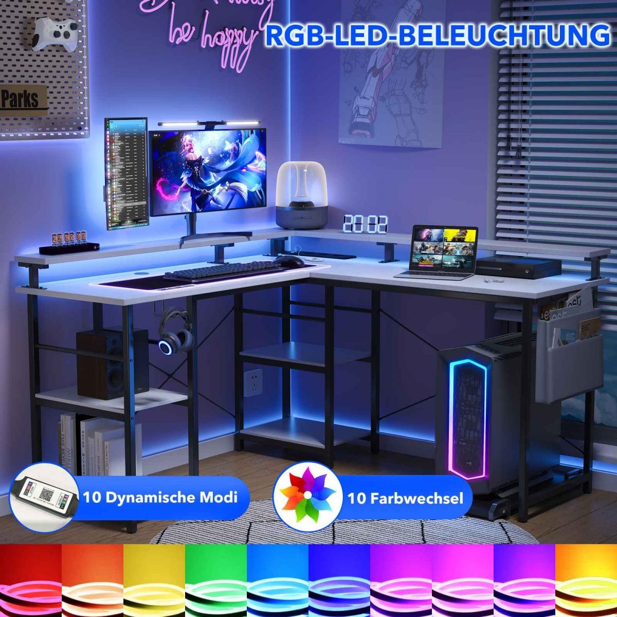 Ein moderner Gaming-Schreibtisch mit RGB-LED-Beleuchtung. Er verfügt über ein Dual-Monitor-Setup, PC, Laptop und Zubehör. Der Raum ist lila.