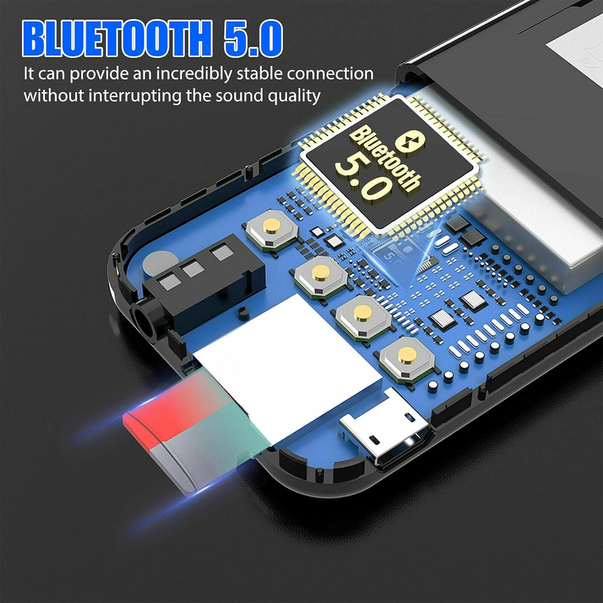 Bluetooth 5.0-Gerät mit Leiterplatte, Knöpfen und USB-Anschluss. Das Gerät ist schwarz und blau.