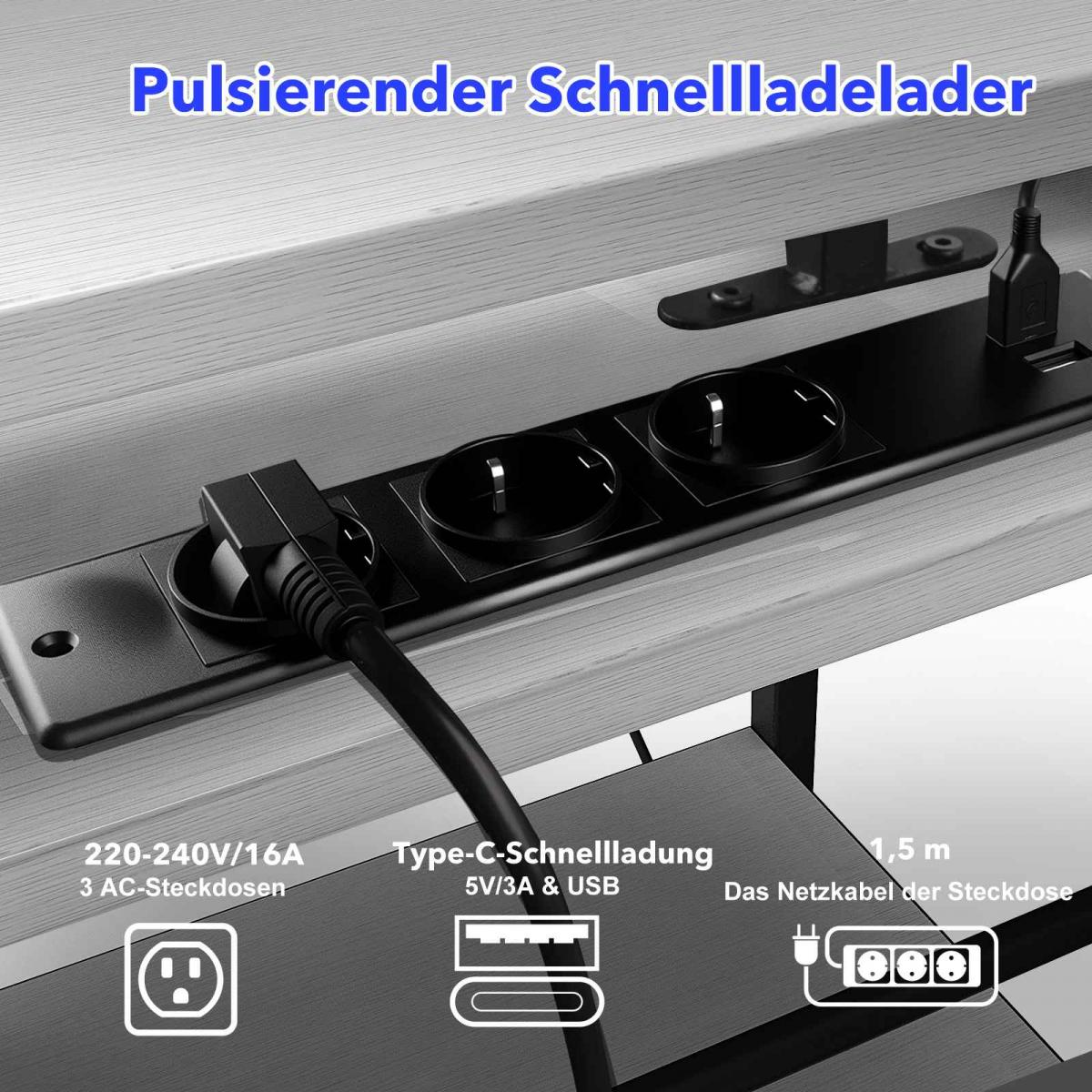 Nahaufnahme einer schwarzen Steckdosenleiste mit drei Steckdosen, einem eingesteckten Netzkabel und Informationstext.