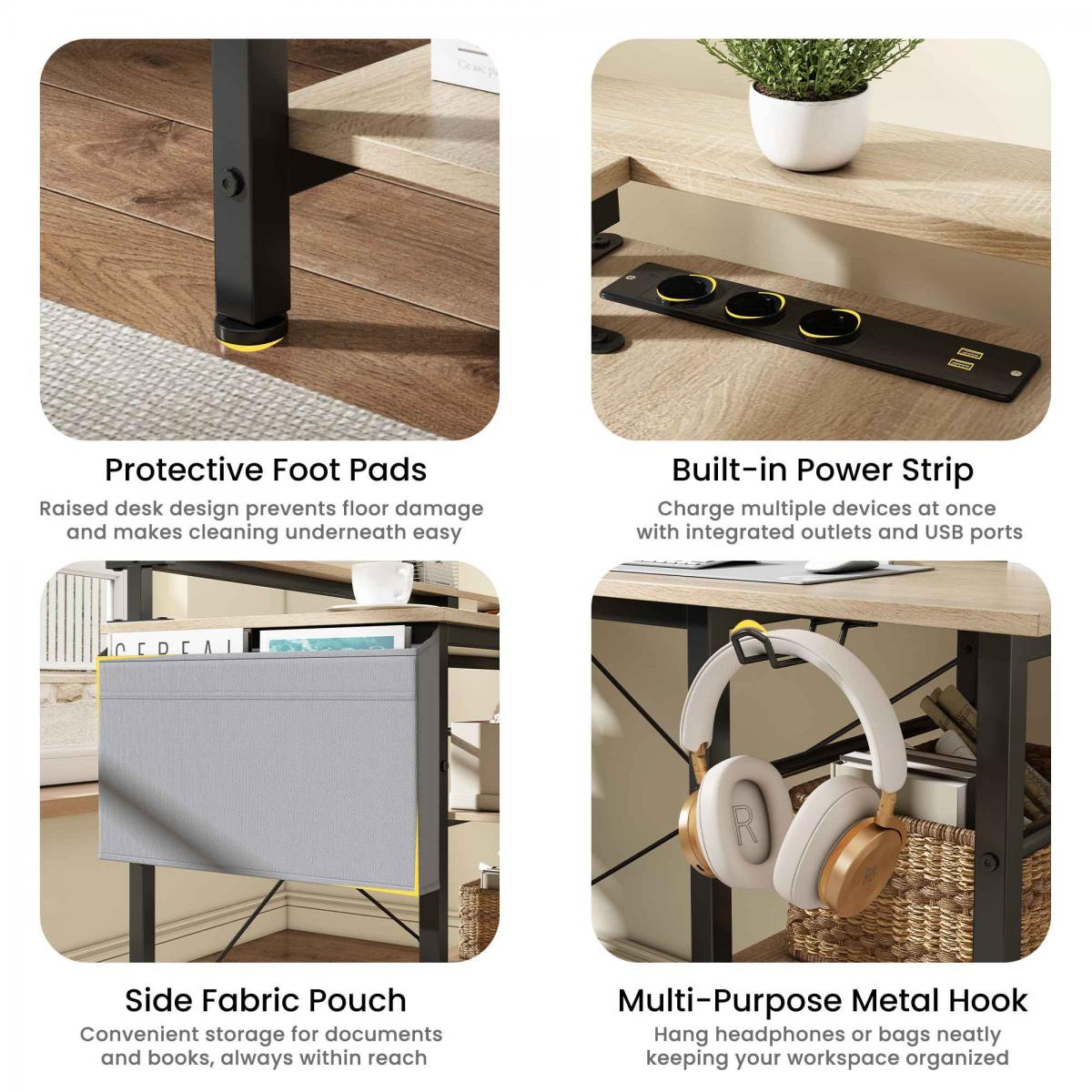 Das Bild zeigt einen Schreibtisch mit Funktionen wie Schutzfüßen, einer Steckdosenleiste, einer Stofftasche und einem Metallhaken für Kopfhörer.