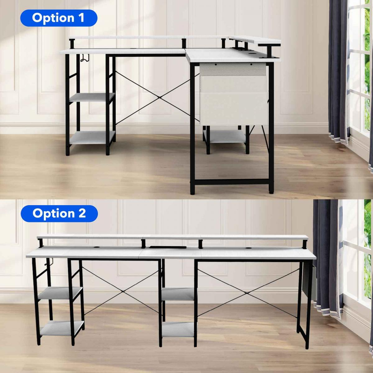 Zwei Computertische werden gezeigt. Option 1 ist L-förmig, Option 2 ist gerade. Beide haben weiße Oberflächen, schwarze Rahmen und Regale, und sind in einem Raum.