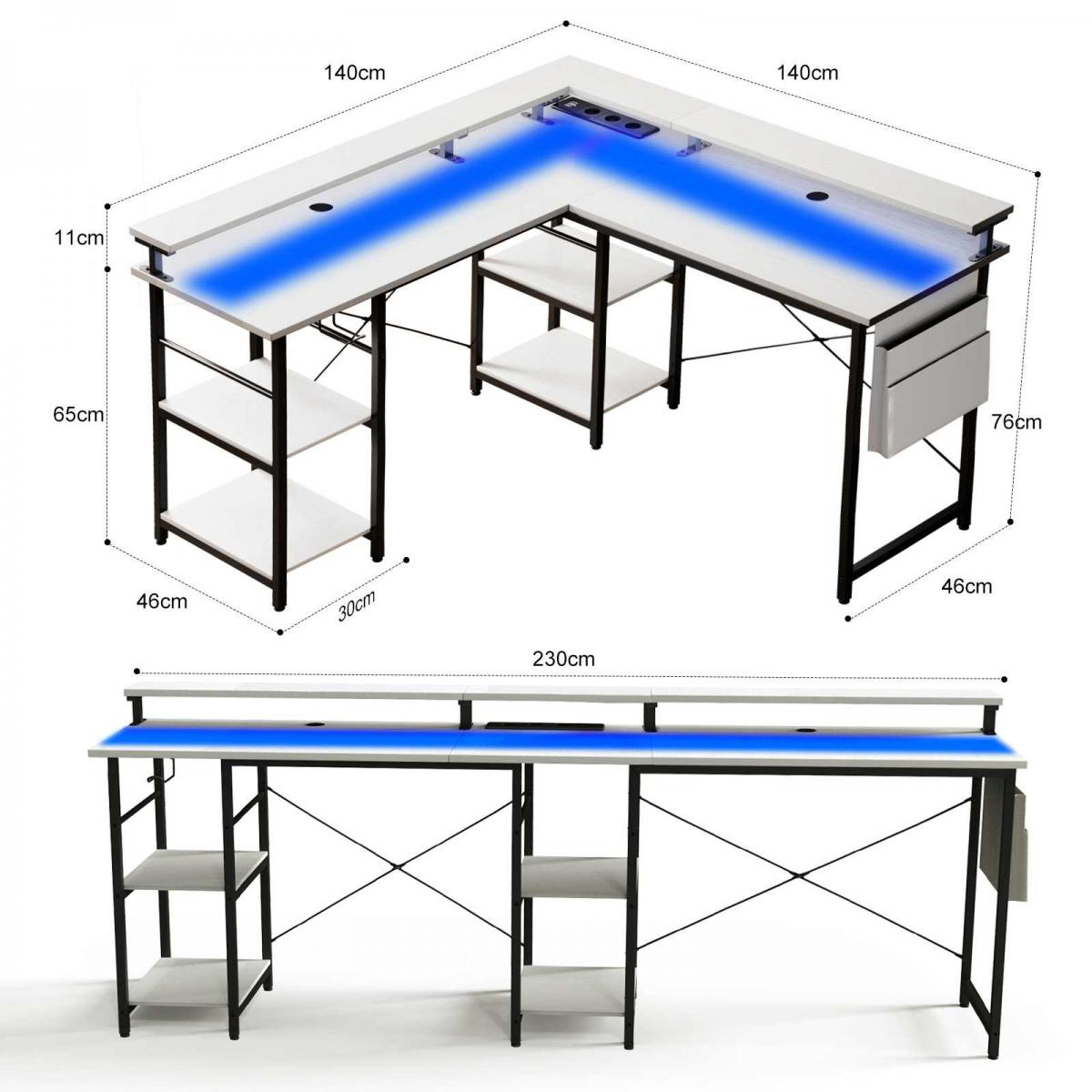 Ein L-förmiger weißer Schreibtisch mit schwarzen Beinen und Ablagen. Blaue LED-Beleuchtung ist installiert. Abmessungen sind beschriftet.