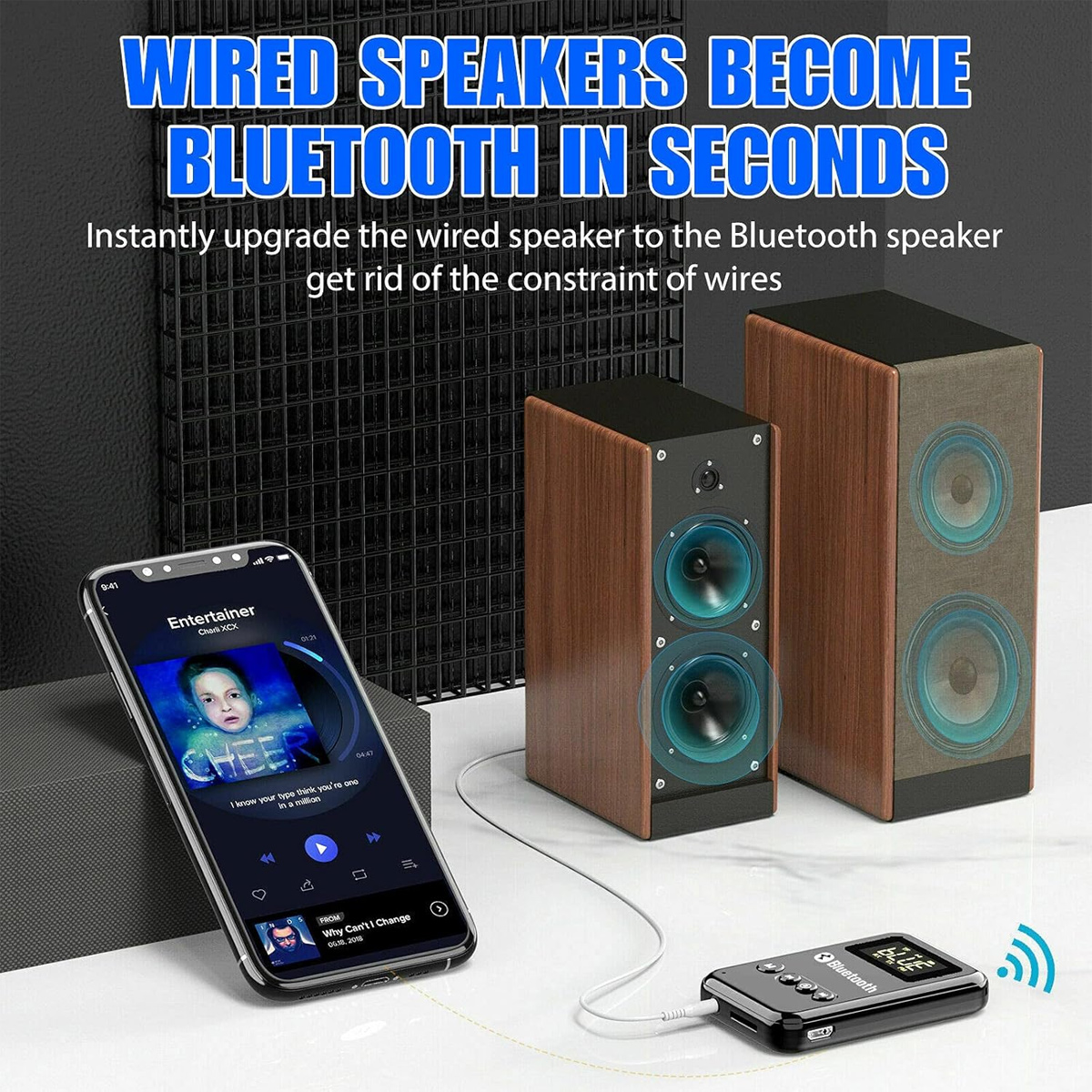 Das Bild zeigt ein Bluetooth-Gerät, das mit Lautsprechern verbunden ist. Ein Telefon zeigt Musik an. Der Text lautet 'WIRED SPEAKERS BECOME BLUETOOTH IN SECONDS'.