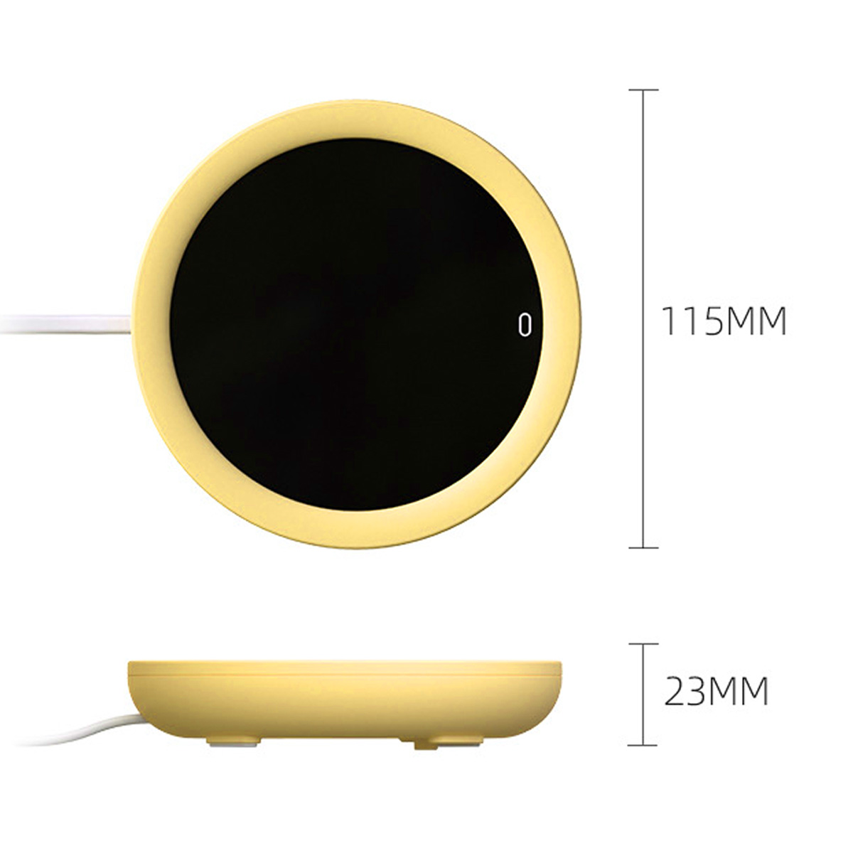 Gelber runder Tassenwärmer mit schwarzem Zentrum. Maße: 115 mm Durchmesser, 23 mm Höhe. Weißes Kabel. Nummer 0 ist sichtbar.