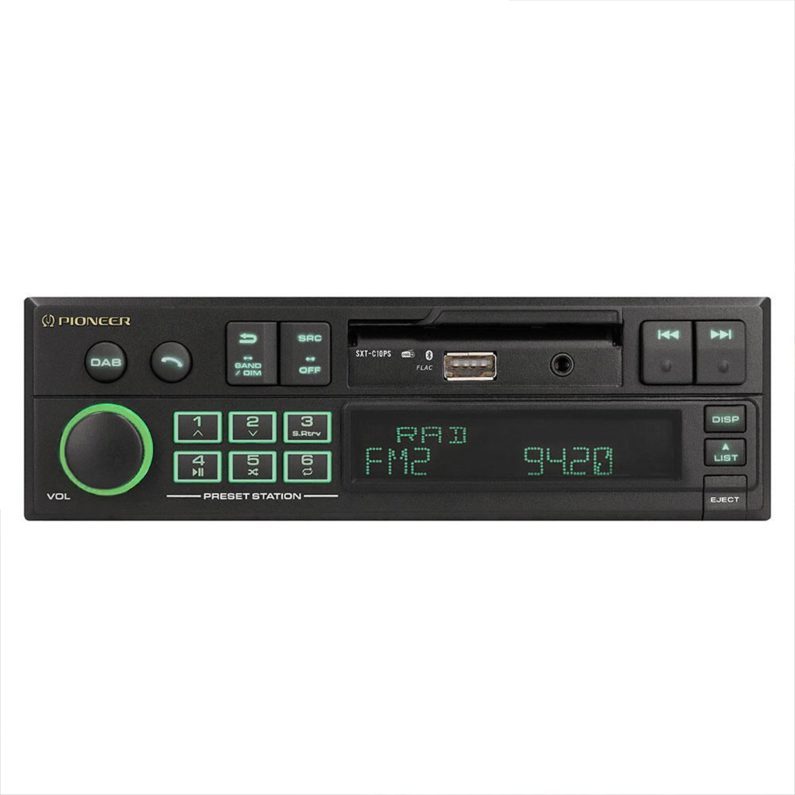 Ein Pioneer-Autoradio mit Knöpfen, einem Display mit FM2 94.20, einem Lautstärkeregler und einem USB-Anschluss.