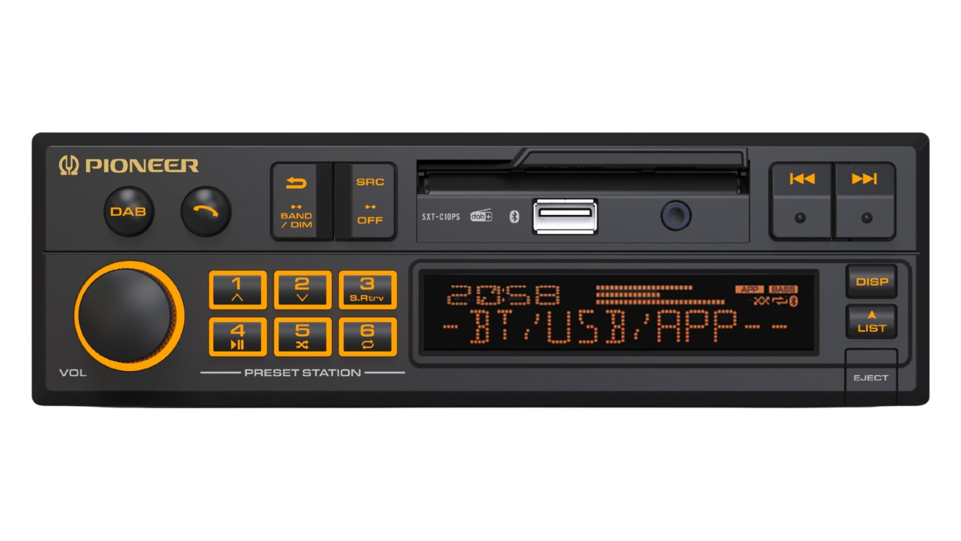 Ein Pioneer-Autoradio mit Knöpfen, einem Display mit der Anzeige '20:58' und einem USB-Anschluss. Zu den Knöpfen gehören DAB, SRC und Voreinstellungen.