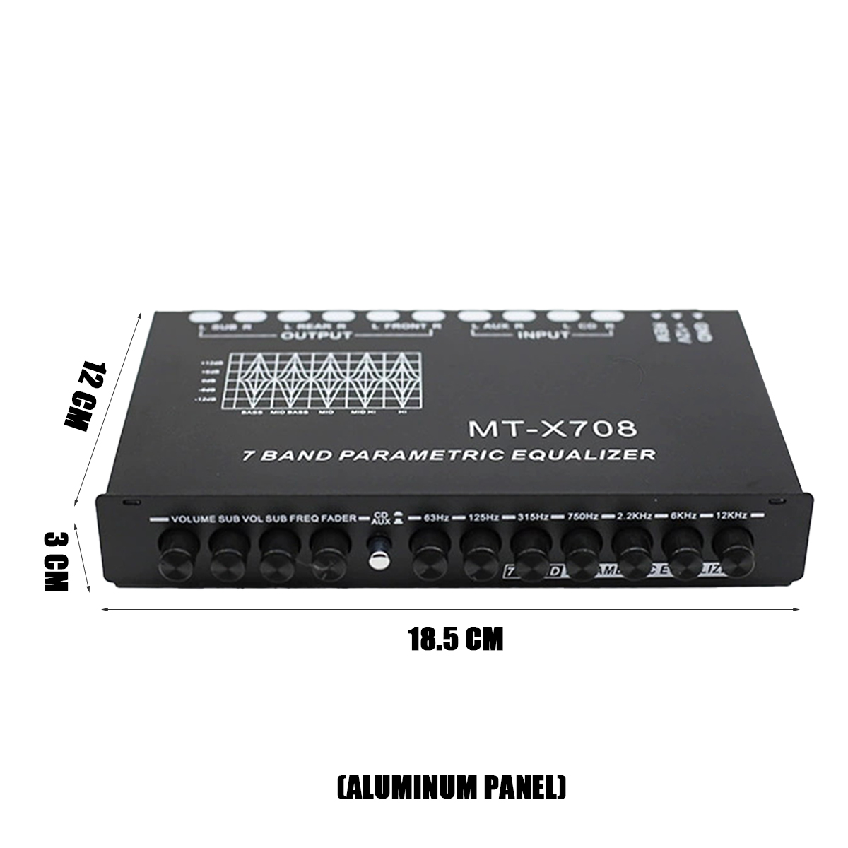 Schwarzer Audio-Equalizer mit Knöpfen, Abmessungen beschriftet. Text enthält 'MT-X708', '7 Band Parametric Equalizer' und Frequenzbereiche.