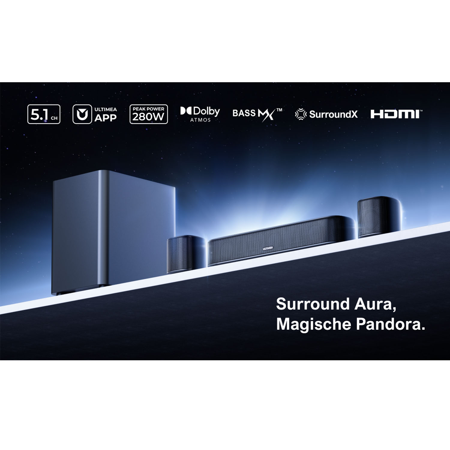 Ein Soundsystem mit Subwoofer, Soundbar und zwei Lautsprechern. Text enthält '5.1 CH', 'Dolby Atmos' und 'Surround Aura'.