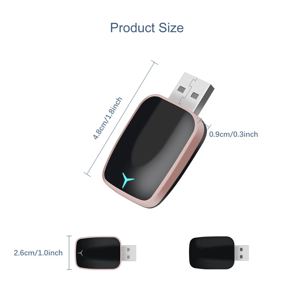 Ein schwarzes USB-Gerät mit goldenem Rand. Abmessungen sind angegeben. Ein blaues Symbol befindet sich auf dem Gerät. Zwei weitere Ansichten sind enthalten.