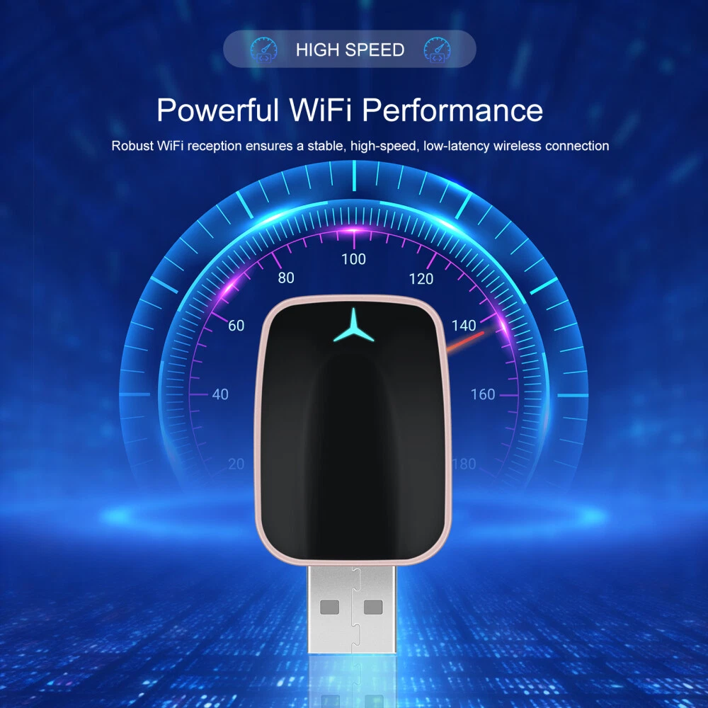 Ein WLAN-Adapter mit Geschwindigkeitsanzeige, die hohe Geschwindigkeit anzeigt. Text sagt 'Leistungsstarke WLAN-Leistung'. Der Hintergrund ist blau mit Linien.