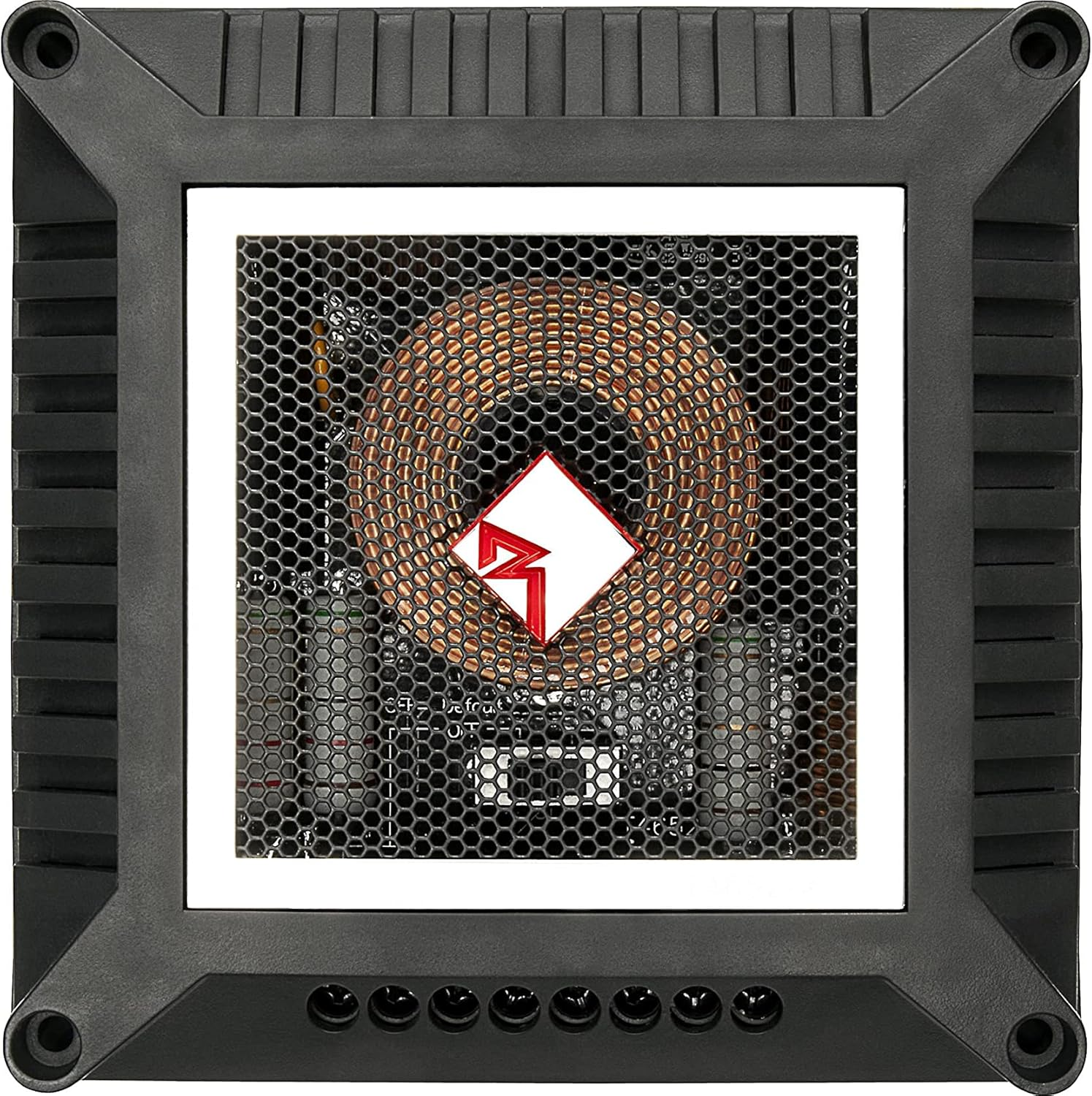 Schwarze Audiokomponente mit Mesh-Gitter, Kupferspule und rotem Logo in der Mitte. Es hat einen schwarzen Rahmen mit Befestigungslöchern.
