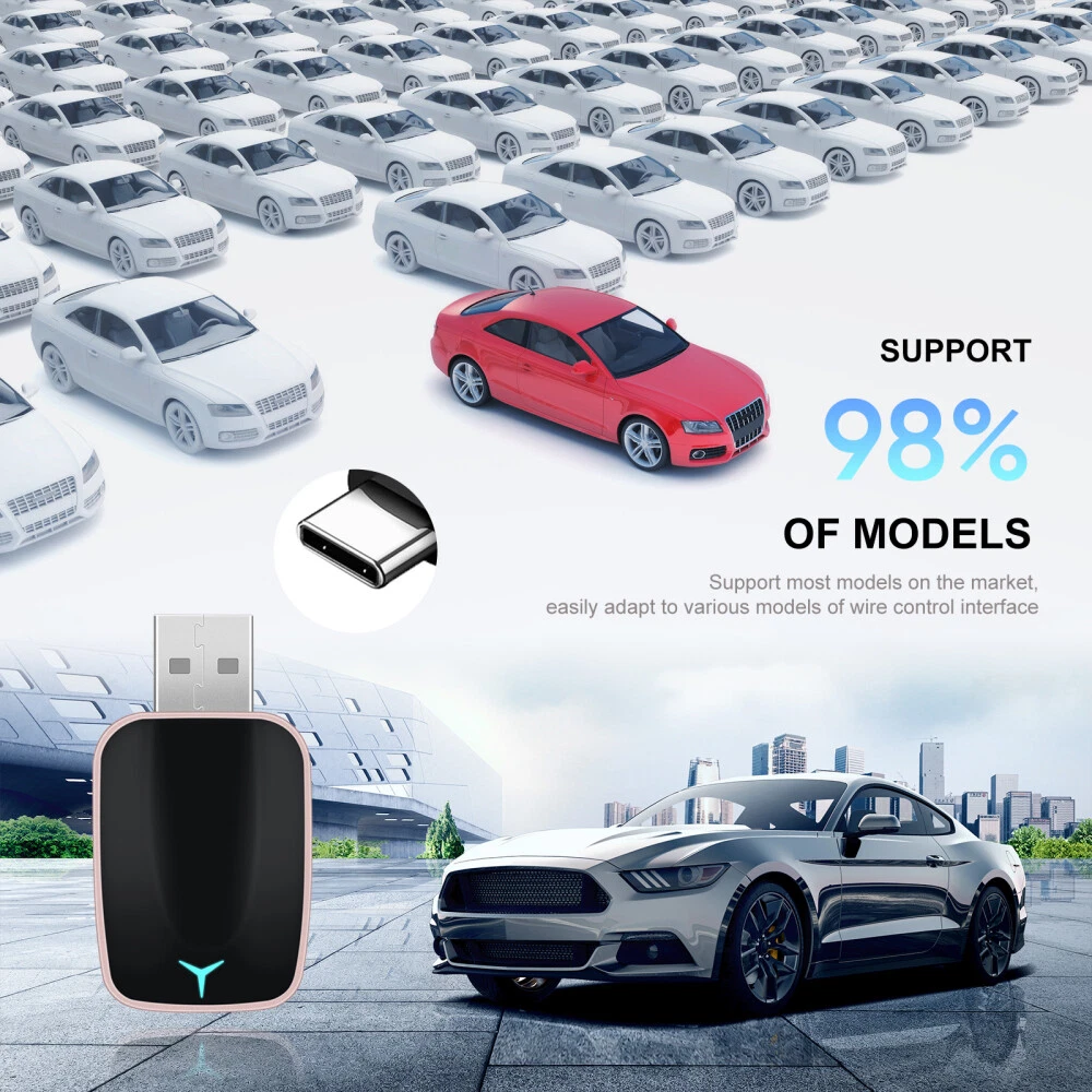 Das Bild zeigt Autos, ein USB-Gerät und Text mit der Aufschrift 'Support 98% of models'. Ein rotes Auto ist mit anderen weißen Autos hervorgehoben.