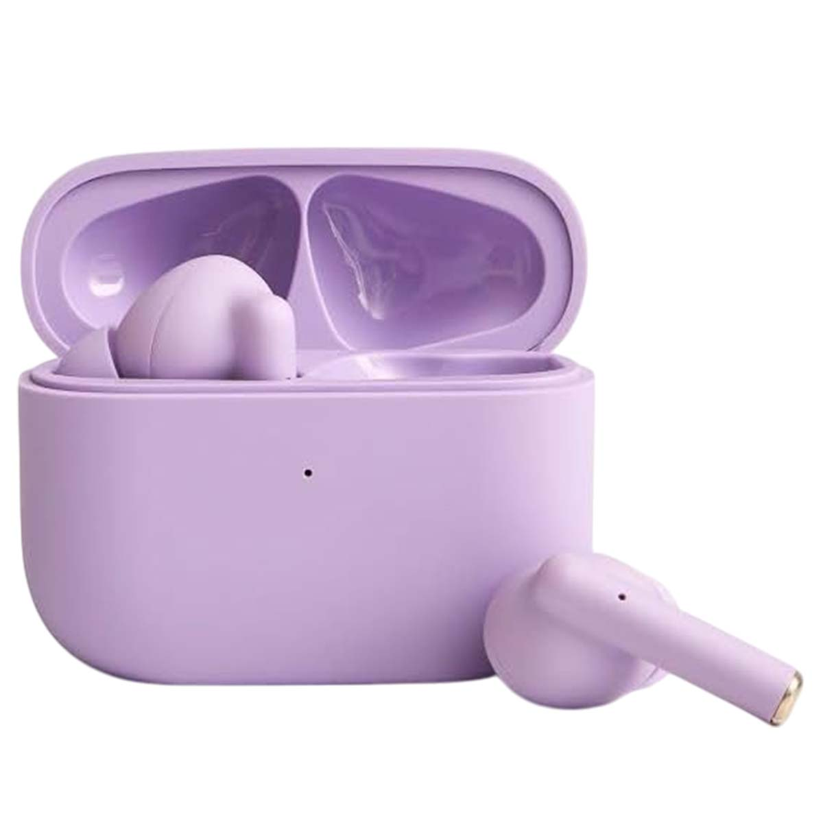 Viene mostrato un set di auricolari wireless viola. La custodia è aperta, con un auricolare all'interno. Un auricolare separato è accanto alla custodia.