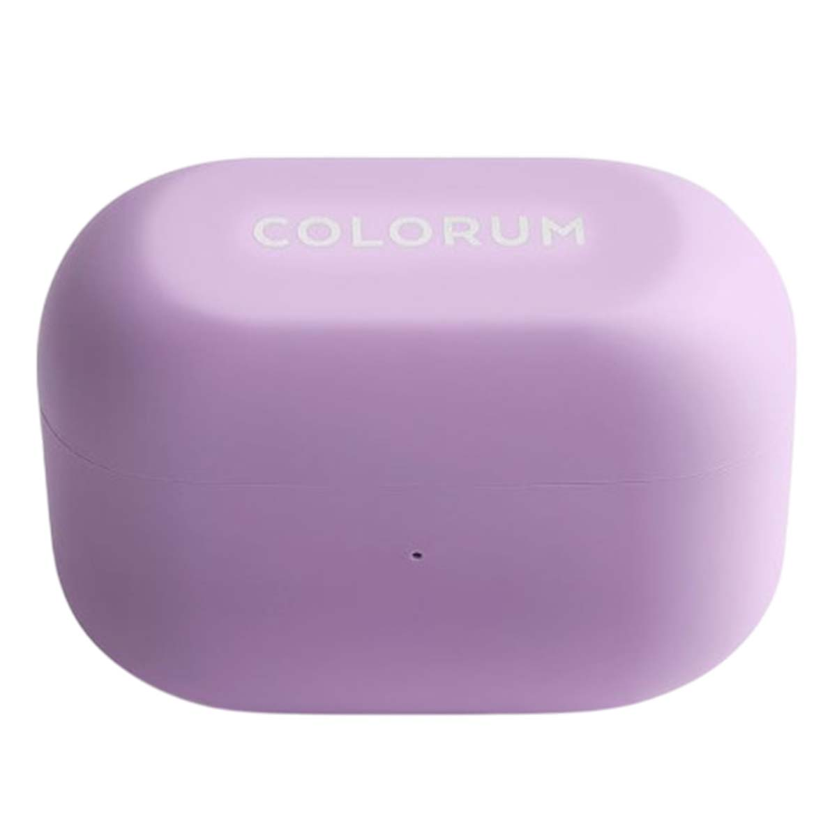 Una custodia quadrata arrotondata color lavanda con la parola "COLORUM" in lettere bianche. Un piccolo punto è visibile in basso.