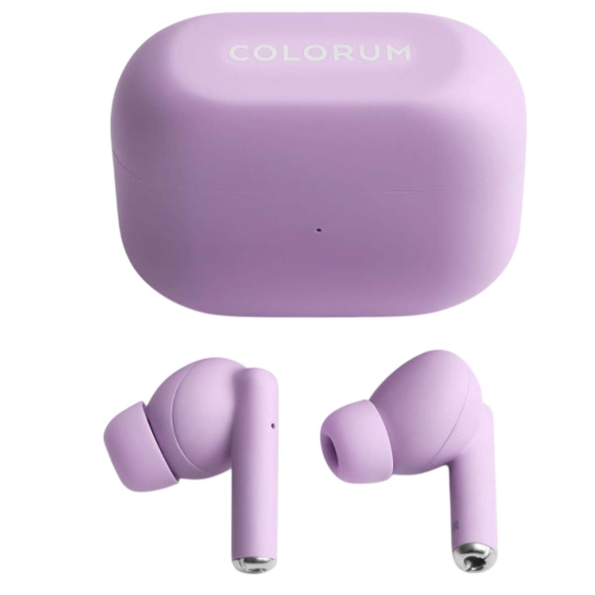 Un set di auricolari wireless lavanda con custodia di ricarica. La custodia ha 'COLORUM' sopra. Due auricolari sotto.