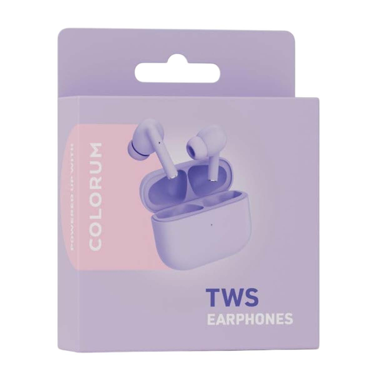 Viene mostrata una scatola di auricolari TWS. La scatola è color lavanda e riporta il marchio 'COLORUM'. Anche gli auricolari sono color lavanda.