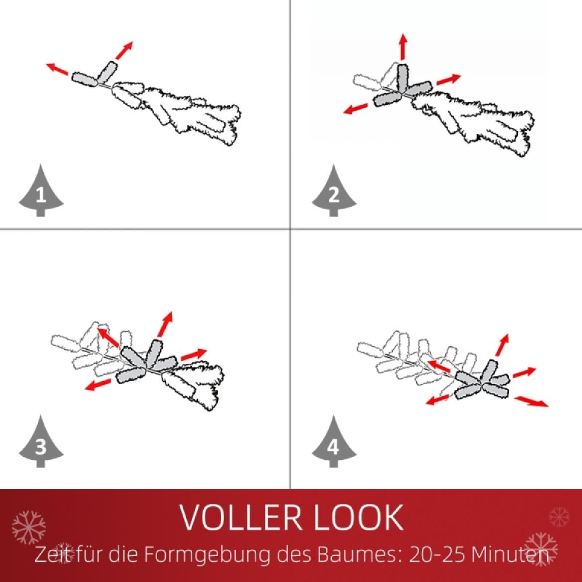 Diagramm, das Schritte zum Formen eines Weihnachtsbaums zeigt. Schritte 1-4 mit Pfeilen, beschriftet mit Zahlen und Text: VOLLER LOOK.
