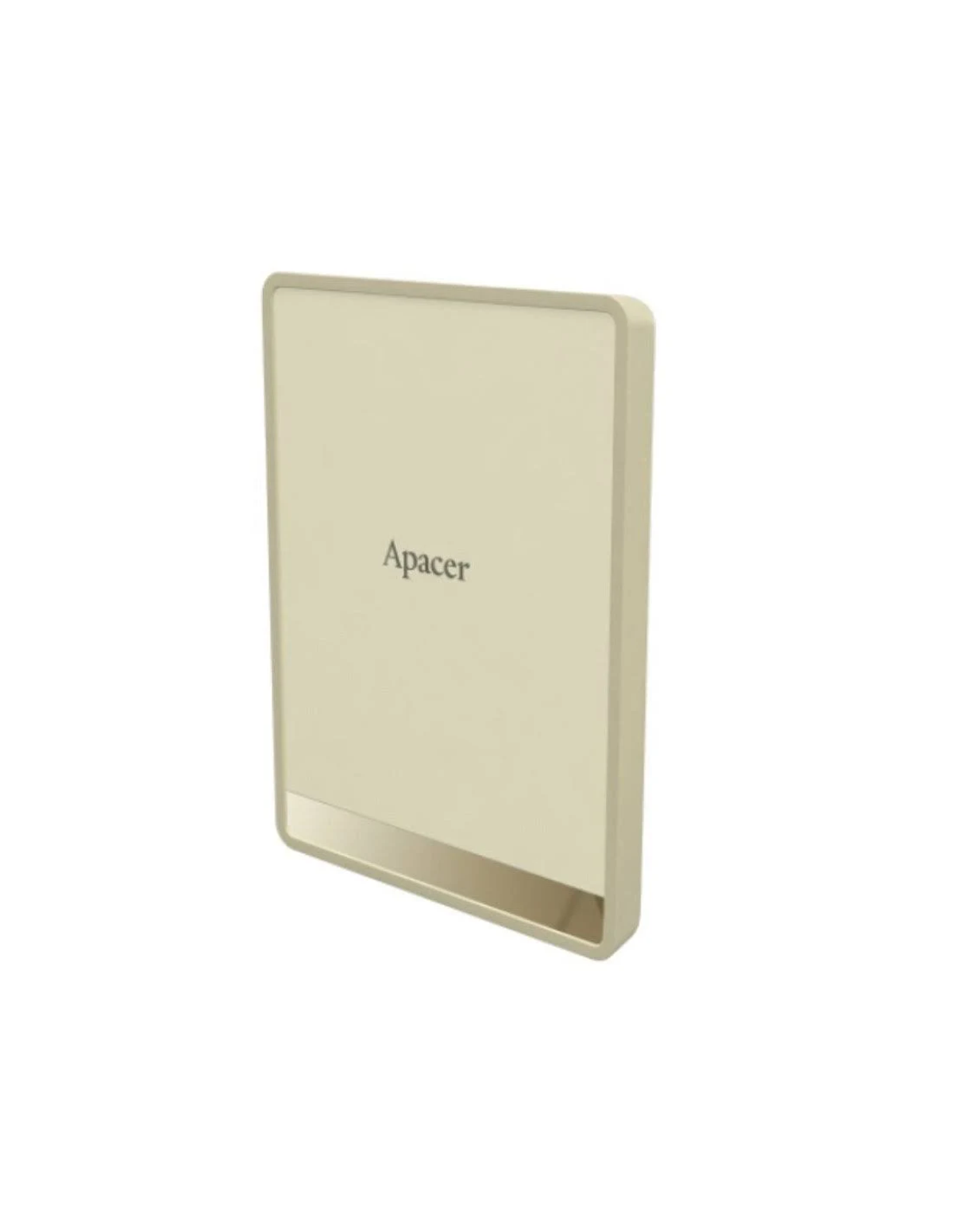 Un dispositivo Apacer beige. Tiene un borde inferior metálico. El fondo es blanco.