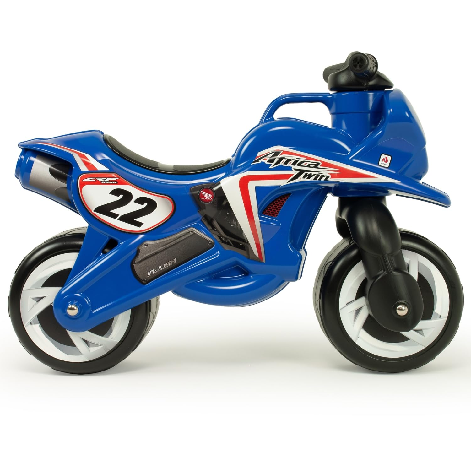 Una moto de juguete azul y blanca con la inscripción 'Africa Twin' y el número '22'.