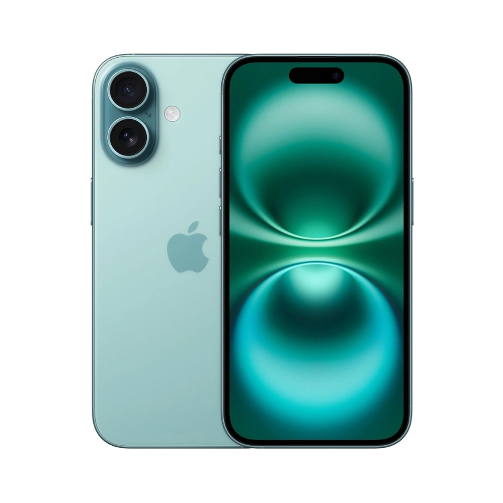 Sono mostrati due iPhone verde acqua. Uno mostra un design a onde verdi, l'altro rivela la fotocamera e il logo Apple.