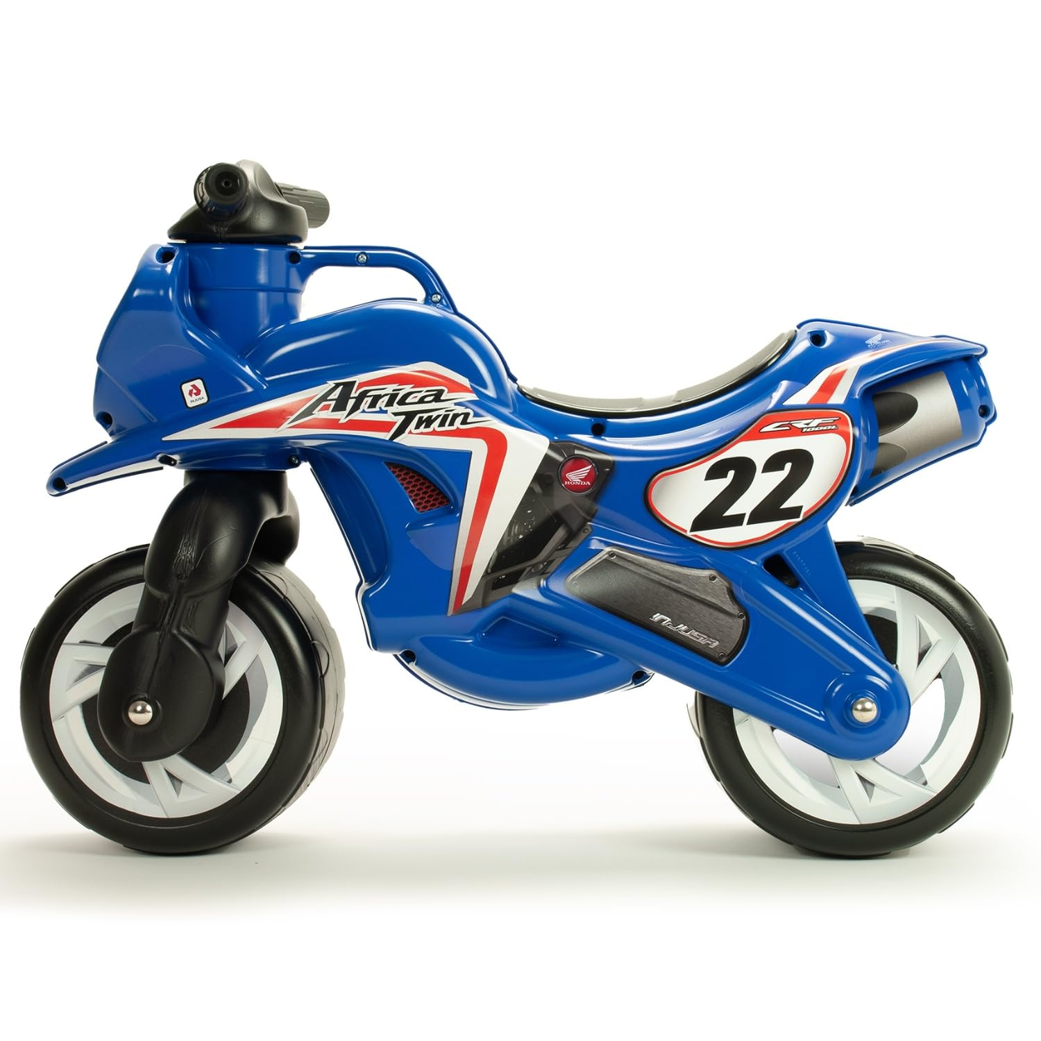 Una motocicleta de juguete azul y blanca, etiquetada como 'Africa Twin' y '22'. Tiene neumáticos negros, llantas blancas y un manillar negro.